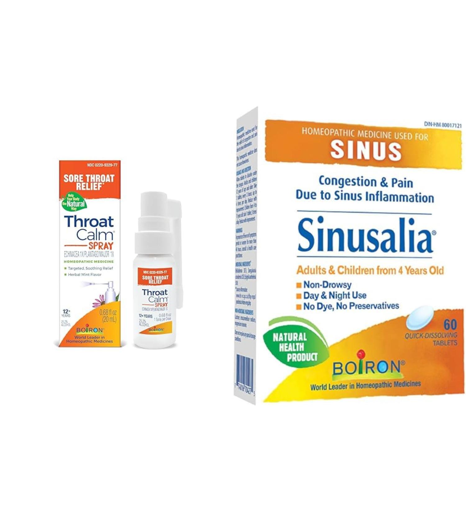 Boiron ThroatCalm Spray and SinusCalm Tablets Bundle for Sore Throat Sinus Congestion and Headache Relief - Buy Online on GoSupps.com