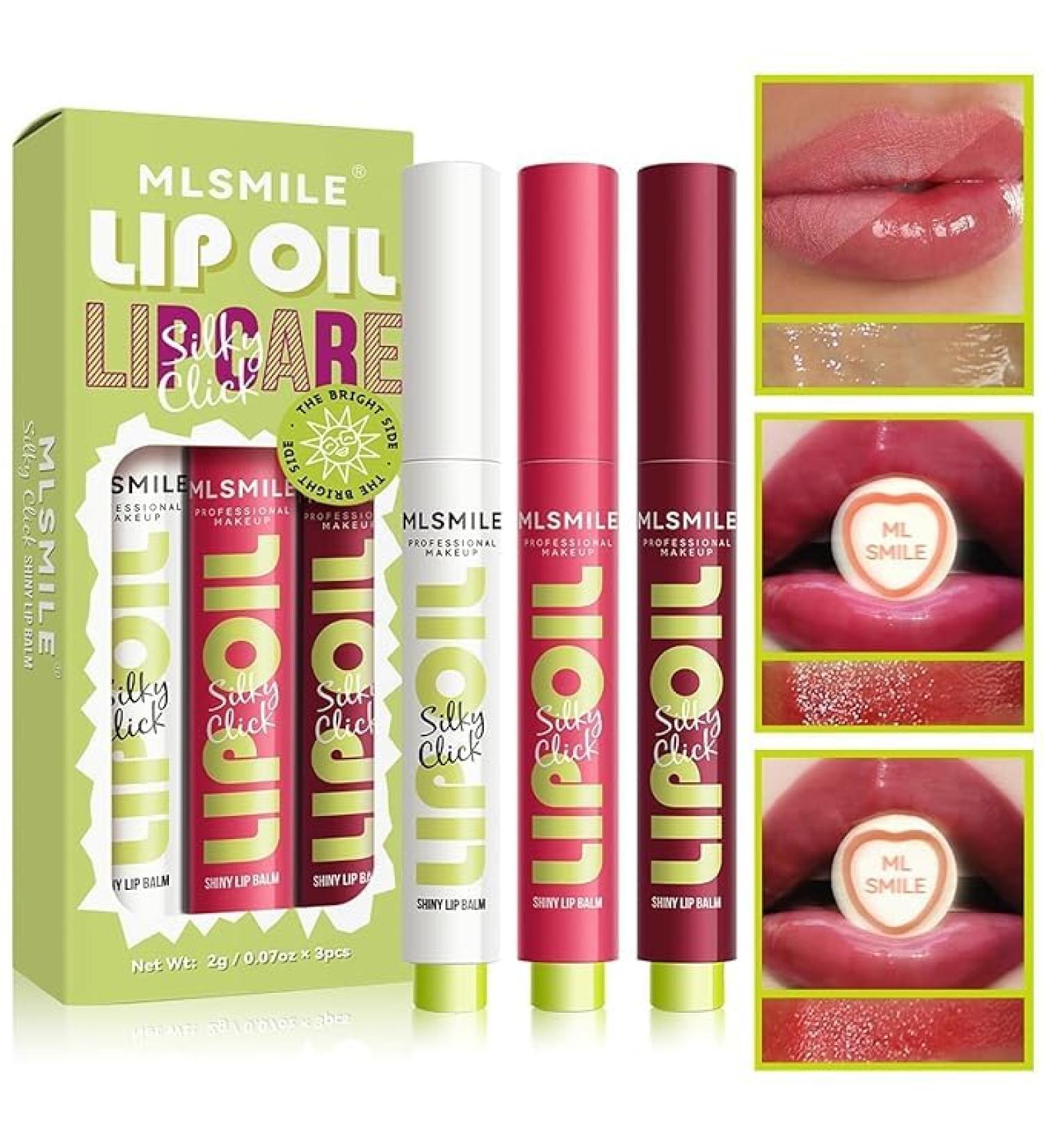 3 Colors Fat Lip Oil Click Slick Moisturizing and Long-lasting Lip Balm Non-stick and High Pigment Lip Glow Oil Lightweight Lip Plumper with Coconut Oil (Set: A)