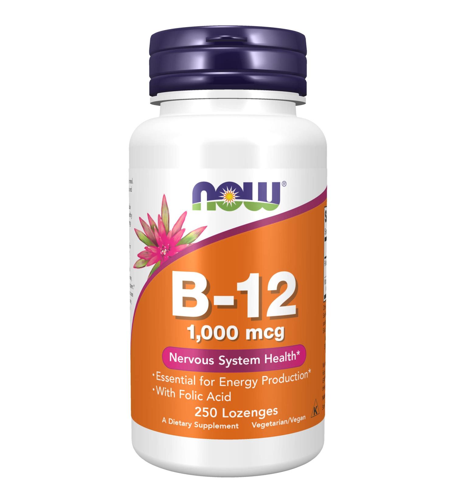 NOW Vitamin B-12 1000 mcg with Folic Acid | Nervous System Health | 250 Chewable Lozenges - Buy Online on GoSupps.com
