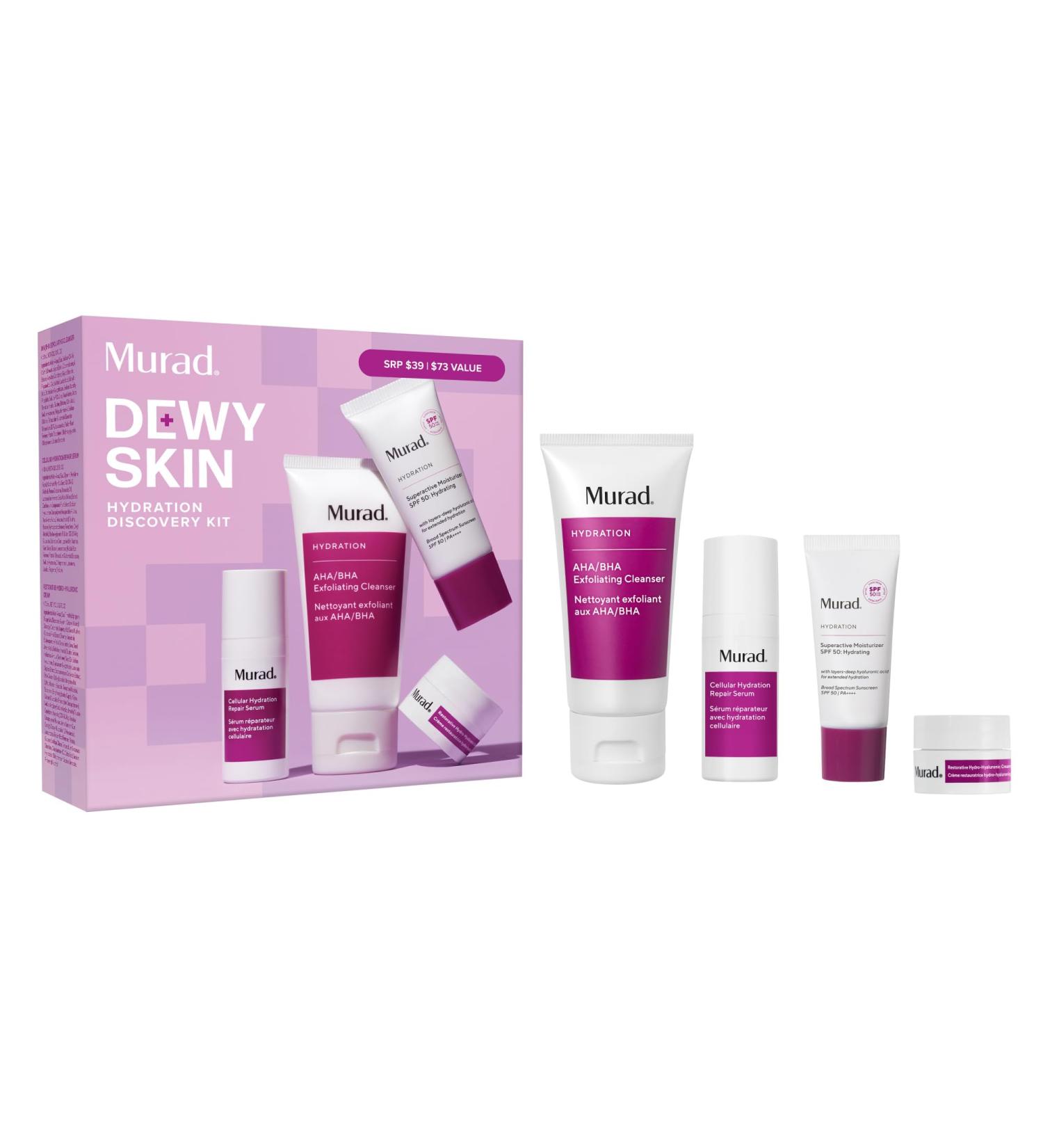 Murad Hydrate Trial Kit Dewy Skin Set with AHA/BHA Cleanser 2.0oz Hydration Serum 0.33oz Hydro-Hyaluronic Cream 0.25oz Superactive SPF 50 Moisturizer 0.8oz | Travel Skincare for Radiant Skin 4-Piece Trial Kit - Buy Online on GoSupps.com