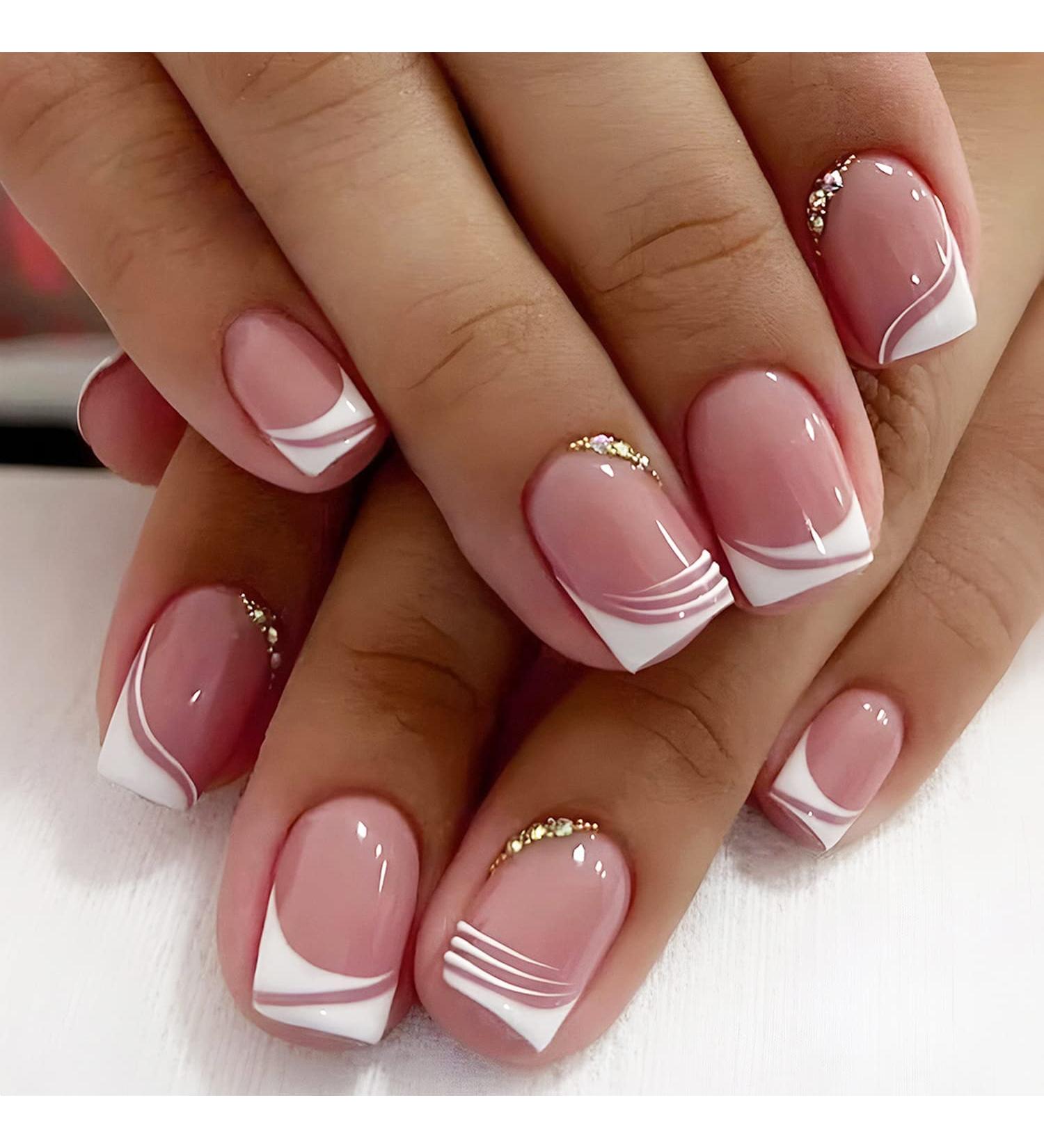 24 Pcs Short Square French Tip Press on Nails with Rhinestone Designs - Nude Pink Glue on Nails for Women - Buy Online on GoSupps.com