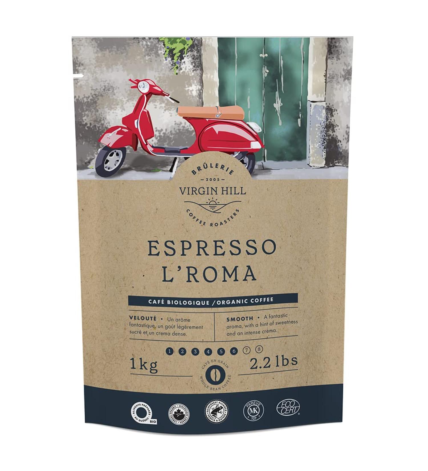 Virgin Hill Coffee - Organic Espresso L'Roma - Smooth Intensity & Medium Roast - One Kilo of High-Grade Arabica Coffee Beans - 1 kg / 2.2 lbs Whole Bean 1 kg - Buy Online on GoSupps.com