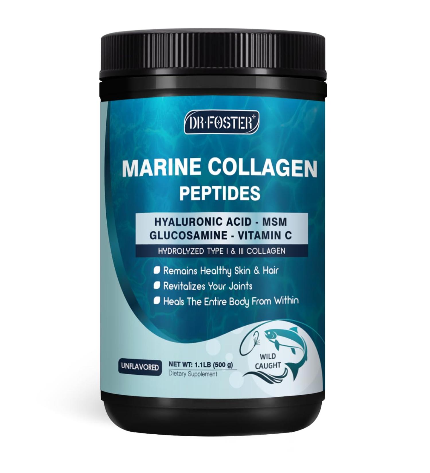 DRFOSTER Marine Collagen Peptides Powder with MSM + GC, Multi Type I & III Collagen with Hyaluronic Acid, Vitamin C & E for Skin, Hair & Nails, Wild-Caught Fish, 50 Servings 1.09 Pound (Pack of 1) - Buy Online on GoSupps.com