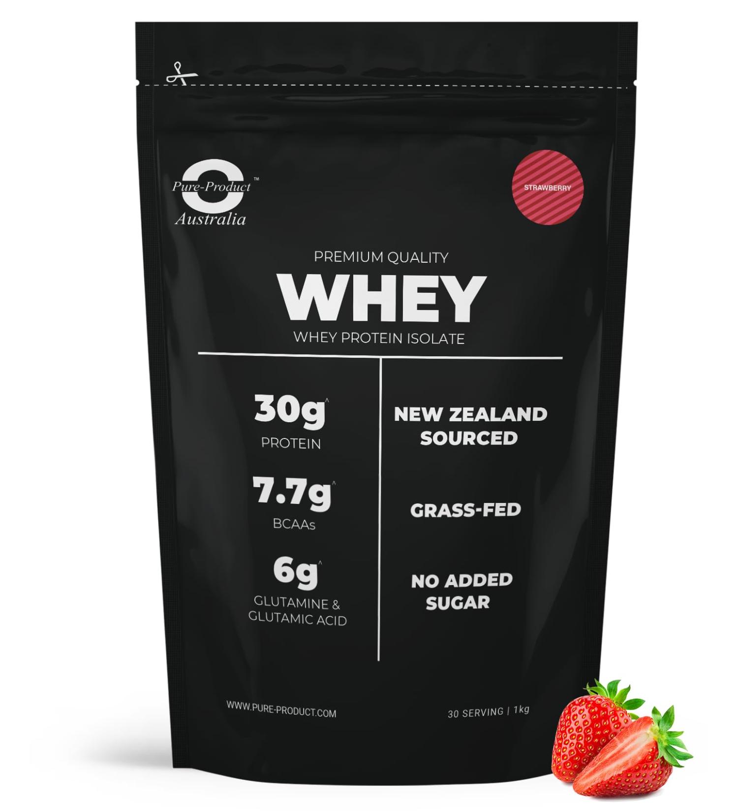 Pure Product Australia - Whey Protein Isolate & Hydrolyzed - Premium Grass Fed - 30g Protein per Serve Fast Absorbing - Non-GMO - Easy Digesting - NZ Protein - 3kg (6.6 lbs) Strawberry