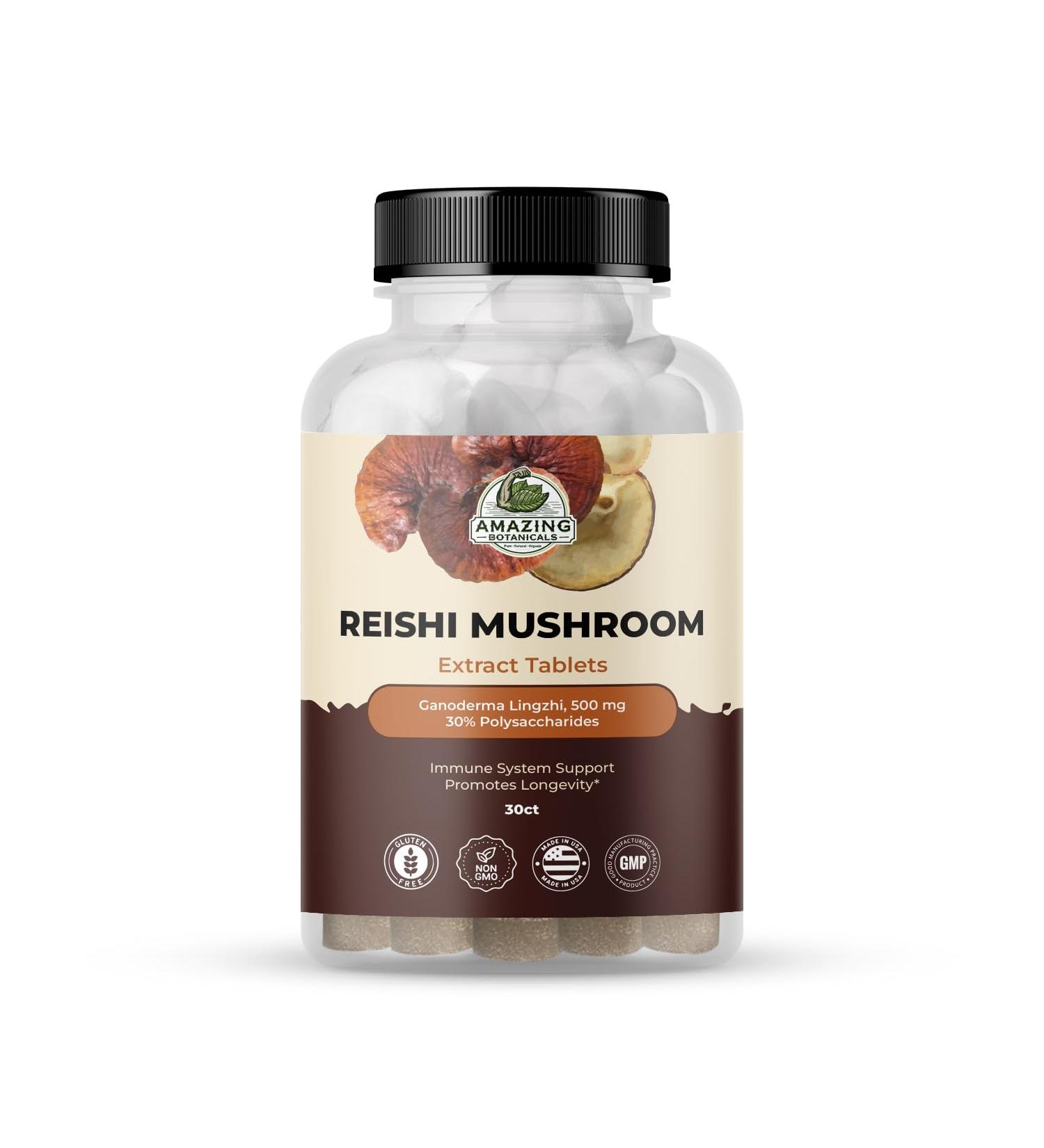 Reishi Mushroom 500mg Extract Tablets - 30% Polysaccharides - Natural Mushroom Complex for Overall Wellbeing and Immune System Support - 30 Count - Buy Online on GoSupps.com