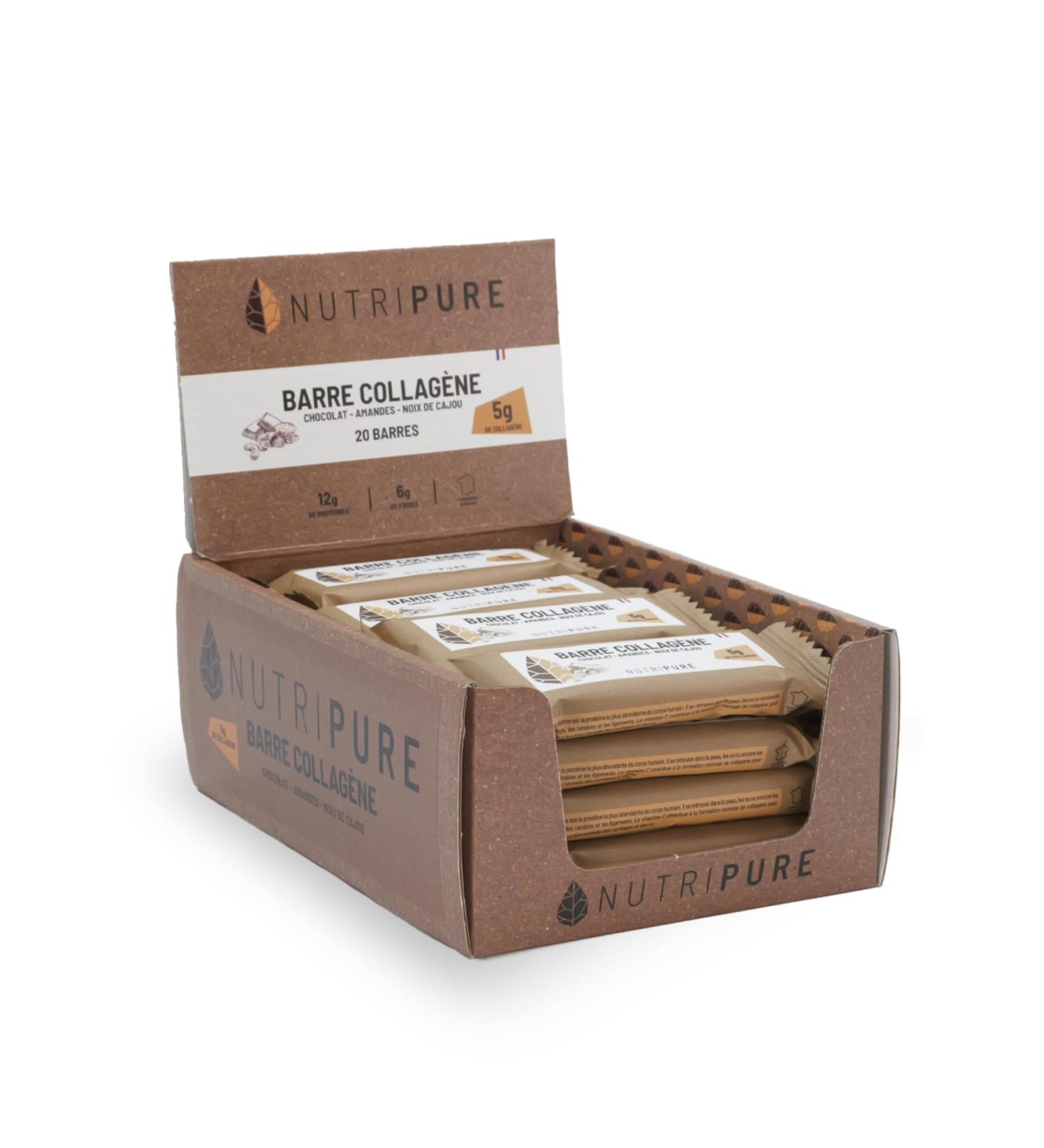 Nutripure Barre Collag ne Peptan - Snack Sain et Gourmand avec Amandes Noix de Cajou et P pites de Chocolat- 5g de Collag ne 170 kcal - Pour les sportifs et Personnes S dentaires (20 barres) 5g 1 tui (20 barres) - Buy Online on GoSupps.com