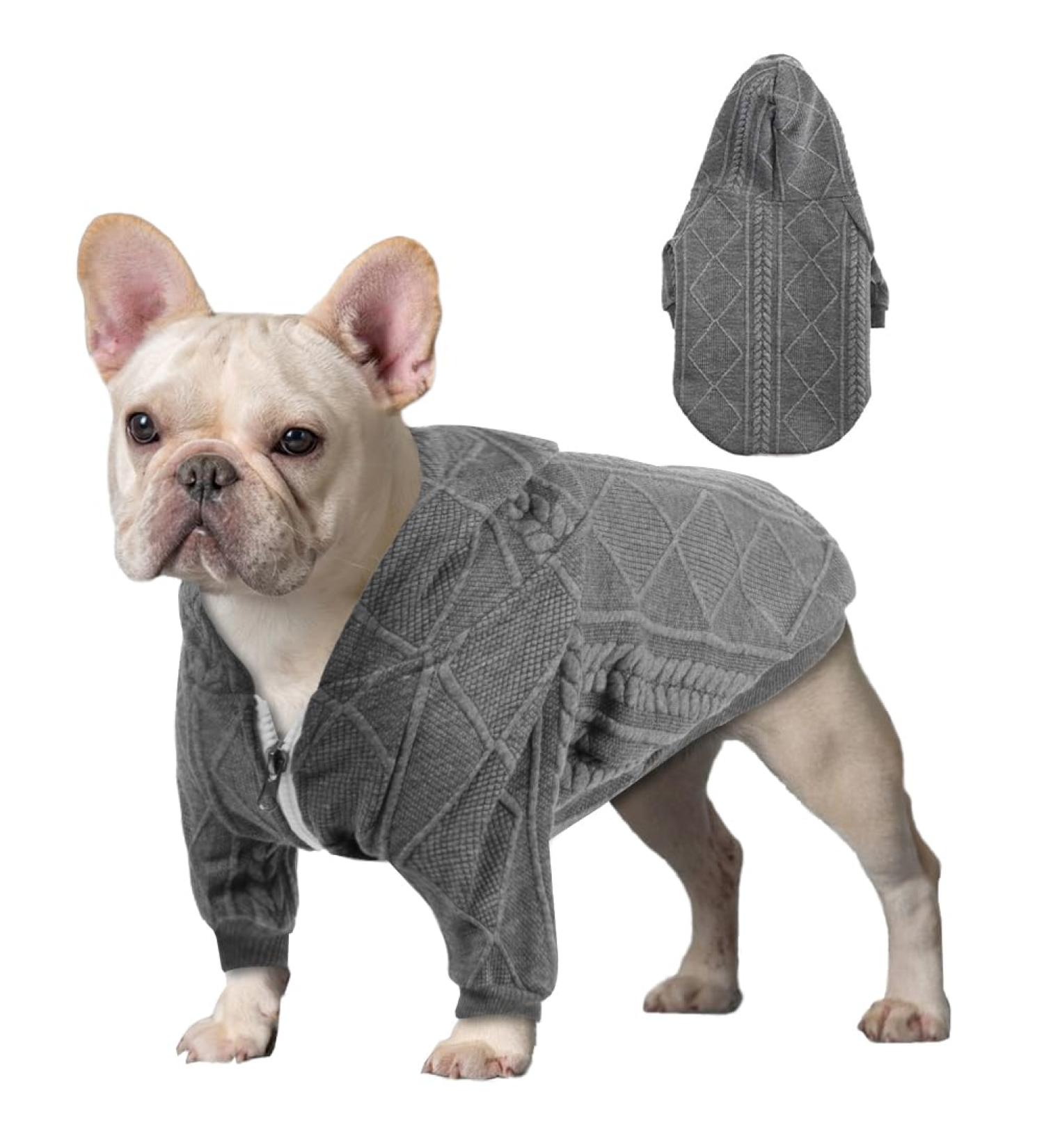 Meioro Zipper Hooded Dog Sweater | Cute & Warm Pet Clothing for French Bulldog & Pug | L Grey - Buy Online on GoSupps.com
