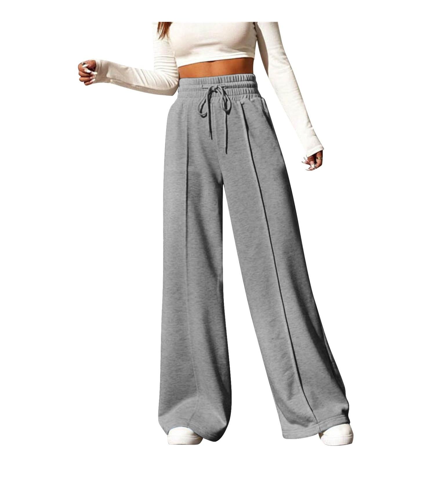iOoppek Women's Wide Leg Sweatpants - V-Neck Elastic High Waist Loose Long Pants in Gray - Perfect for Comfort & Style | Shop Now! - Buy Online on GoSupps.com