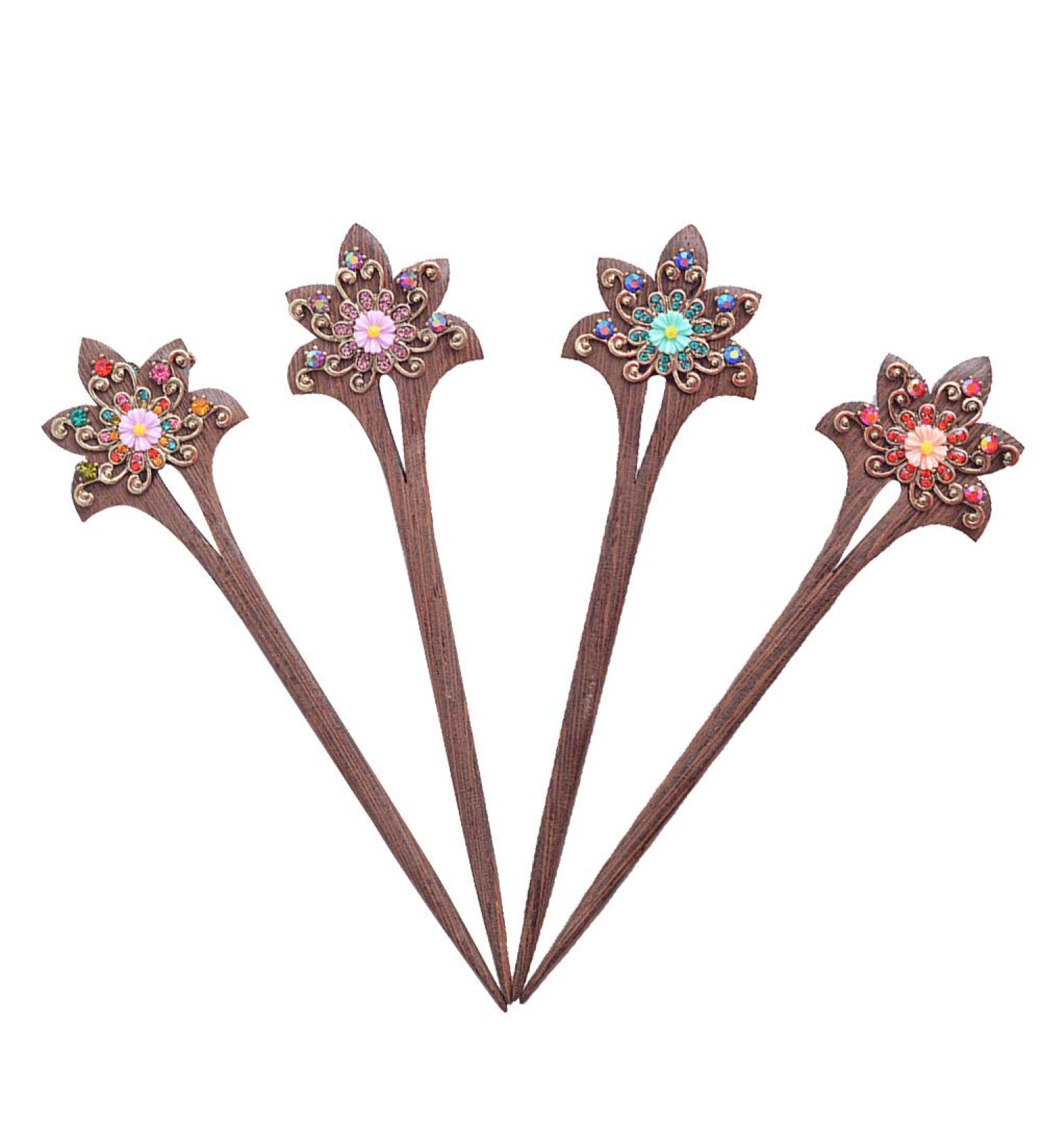 Lurrose Wooden Hair Sticks with Crystal Flowers - 4pcs (Random Color) | Elegant Hair Accessories for International Shipping - Buy Online on GoSupps.com