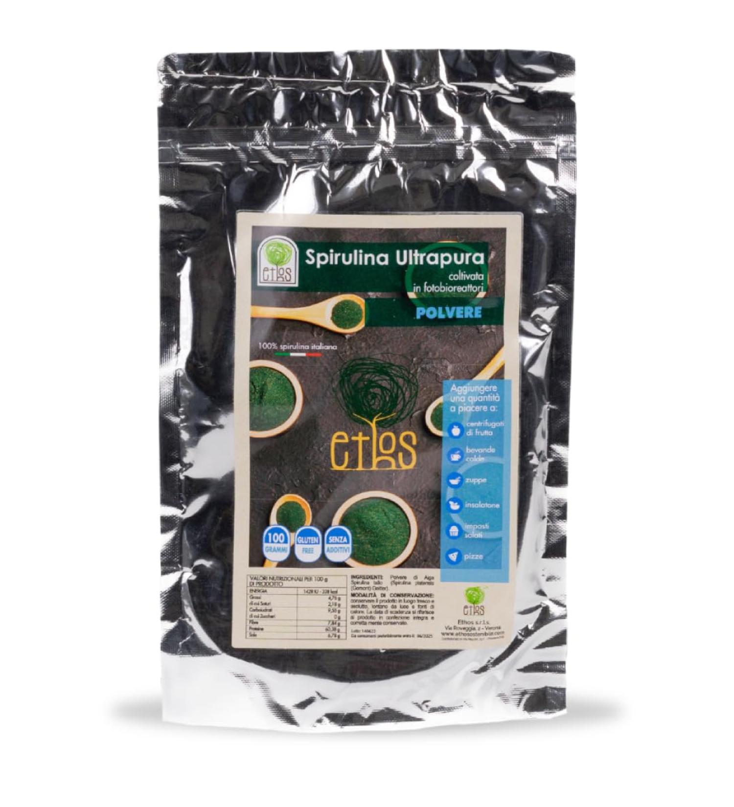  Ethos ETHOS Spirulina Powder 100g - Pure Spirulina algae powder produced and packaged in Italy natural superfood for creative cooking vegan supplement rich in phycocyanin and protein free from - Buy Online on GoSupps.com