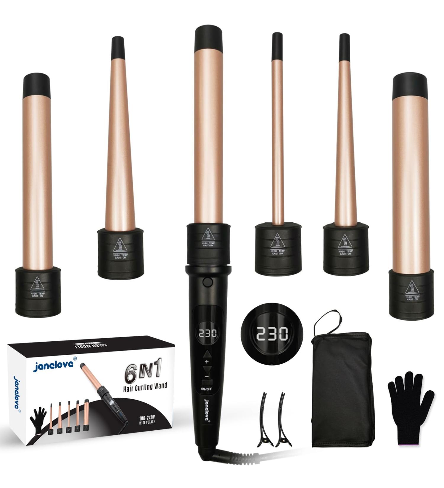 Janelove 6 in 1 Curling Iron | 9-32mm Adjustable Temp 80 C-230 C CURLING IRON for Short Hair with Attachments & Gloves - Buy Online on GoSupps.com