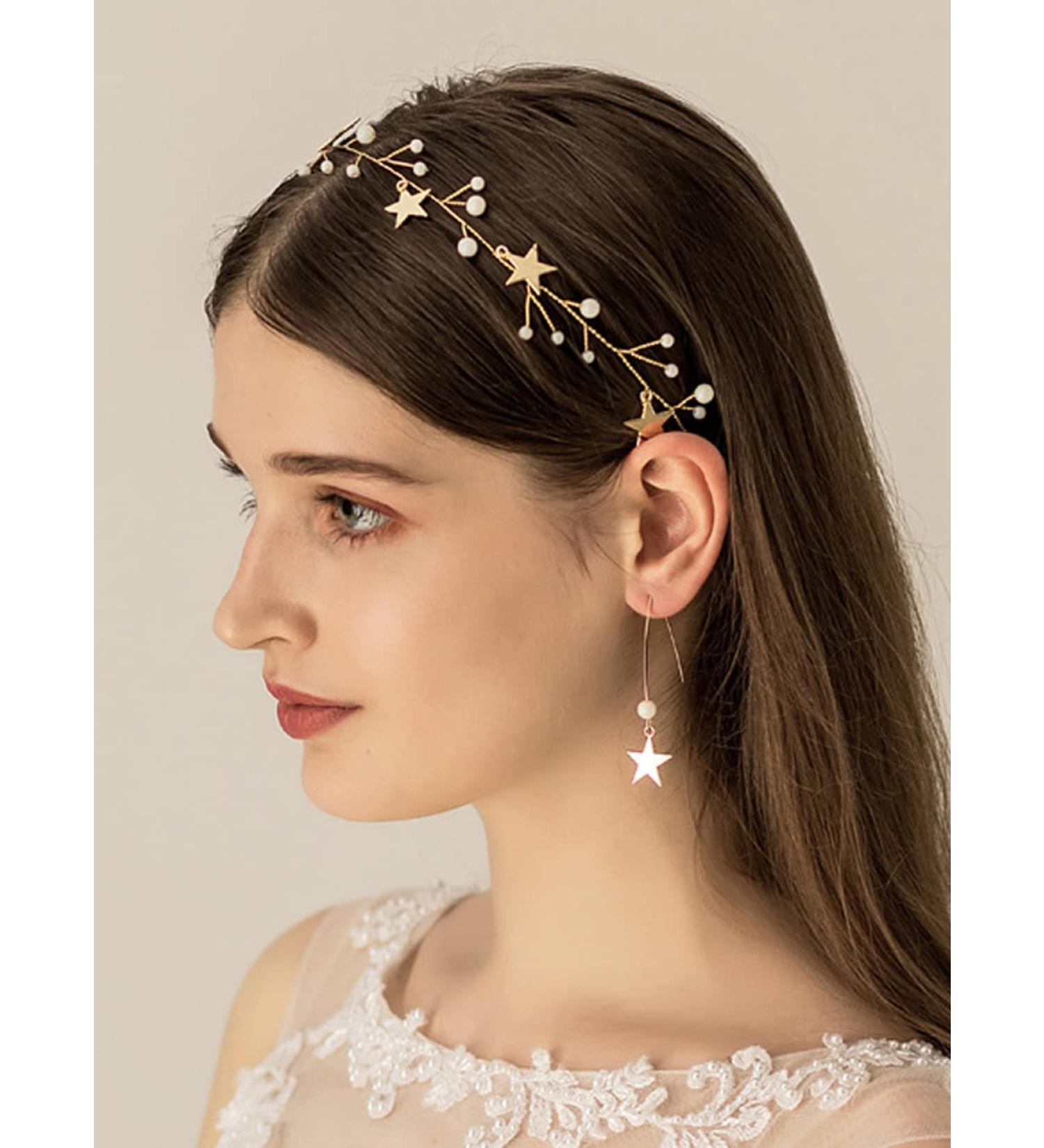 JWICOS Star Girl Headband Earrings Set - Gold Princess Wedding Hair Accessories for Women - Handmade Bridal Barrette with Dainty Bead Star Drop Design - Buy Online on GoSupps.com