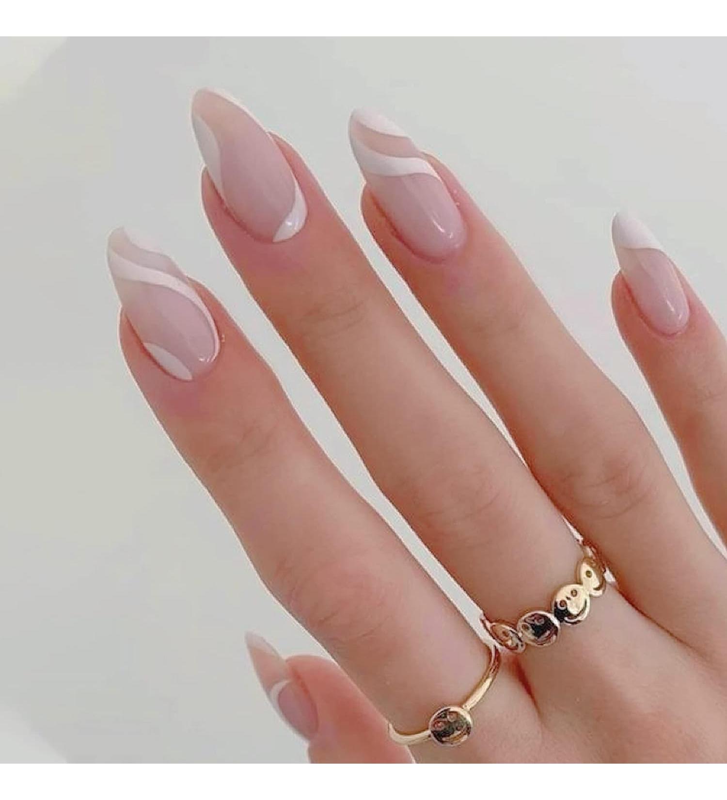 LADYING 24 Pcs Almond Short False Nails | White Swirl French Press On Nails | Trendy Oval Stick On Nails for Women - Buy Online on GoSupps.com