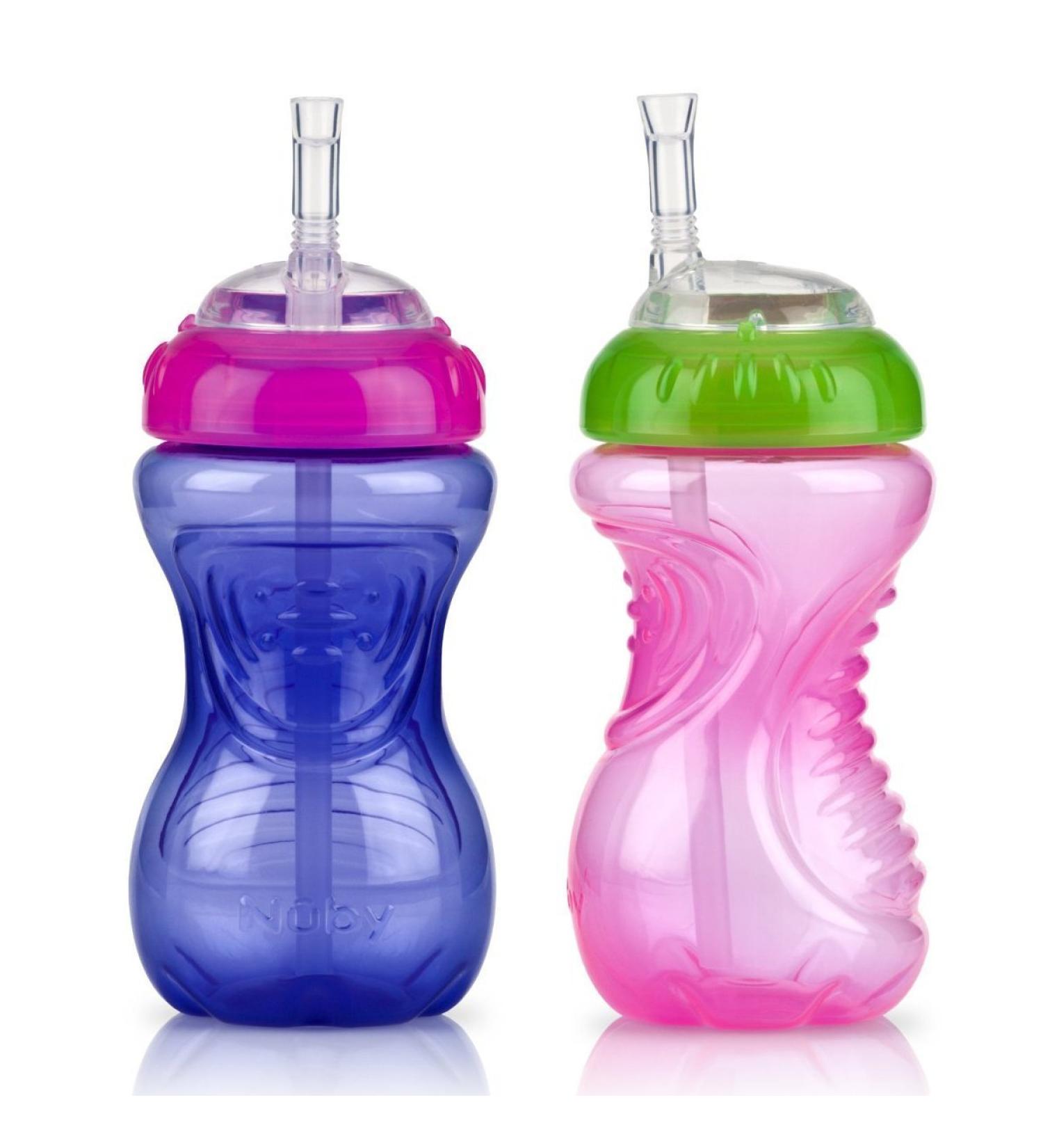 Nuby 2-Pack 10-oz No-Spill Flexi Straw Cup - Purple/Pink Pink/Purple