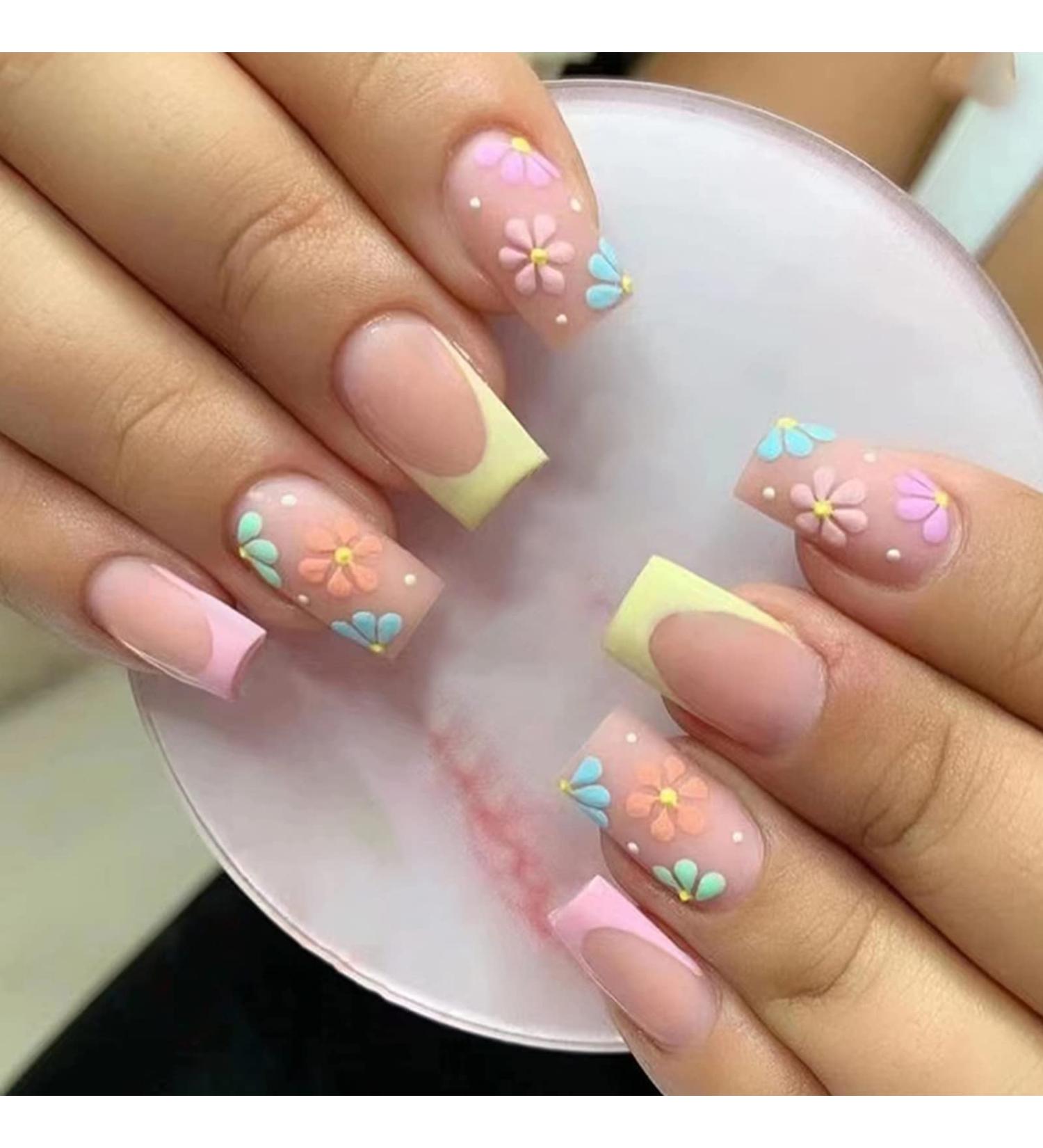 24Pcs Square False Nails Medium Glossy Cute Flower French Press on Nails - Frosted Stick on Nails with Glue Stickers for Women - Colorful DIY Manicure - Buy Online on GoSupps.com