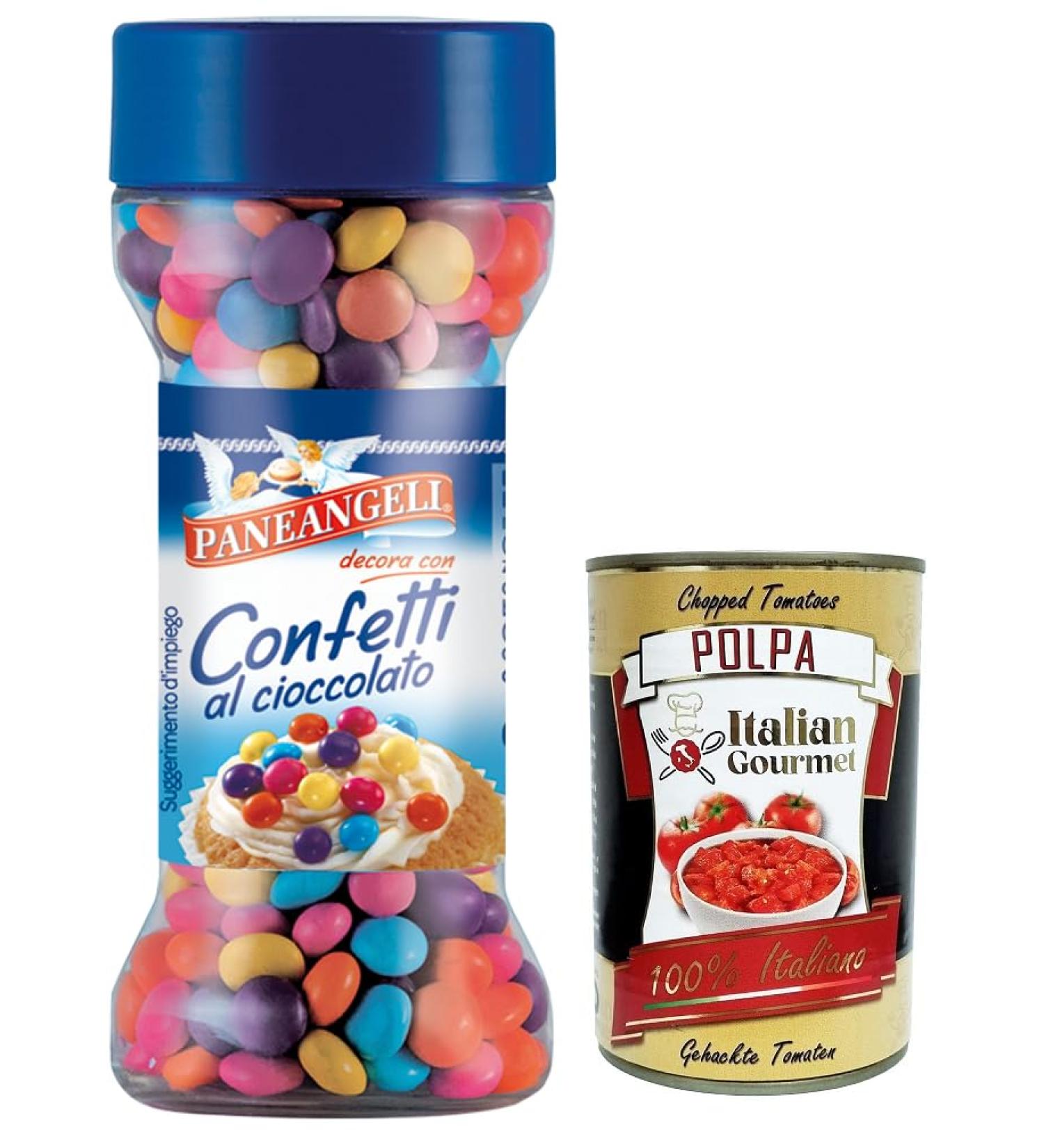  Italian Gourmet E.R. Paneangeli Confetti Multicolore al Cioccolato colored chocolate dragees 65g resealable pack with measuring cap + Italian Gourmet Polpa di Pomodoro 400g box - Buy Online on GoSupps.com