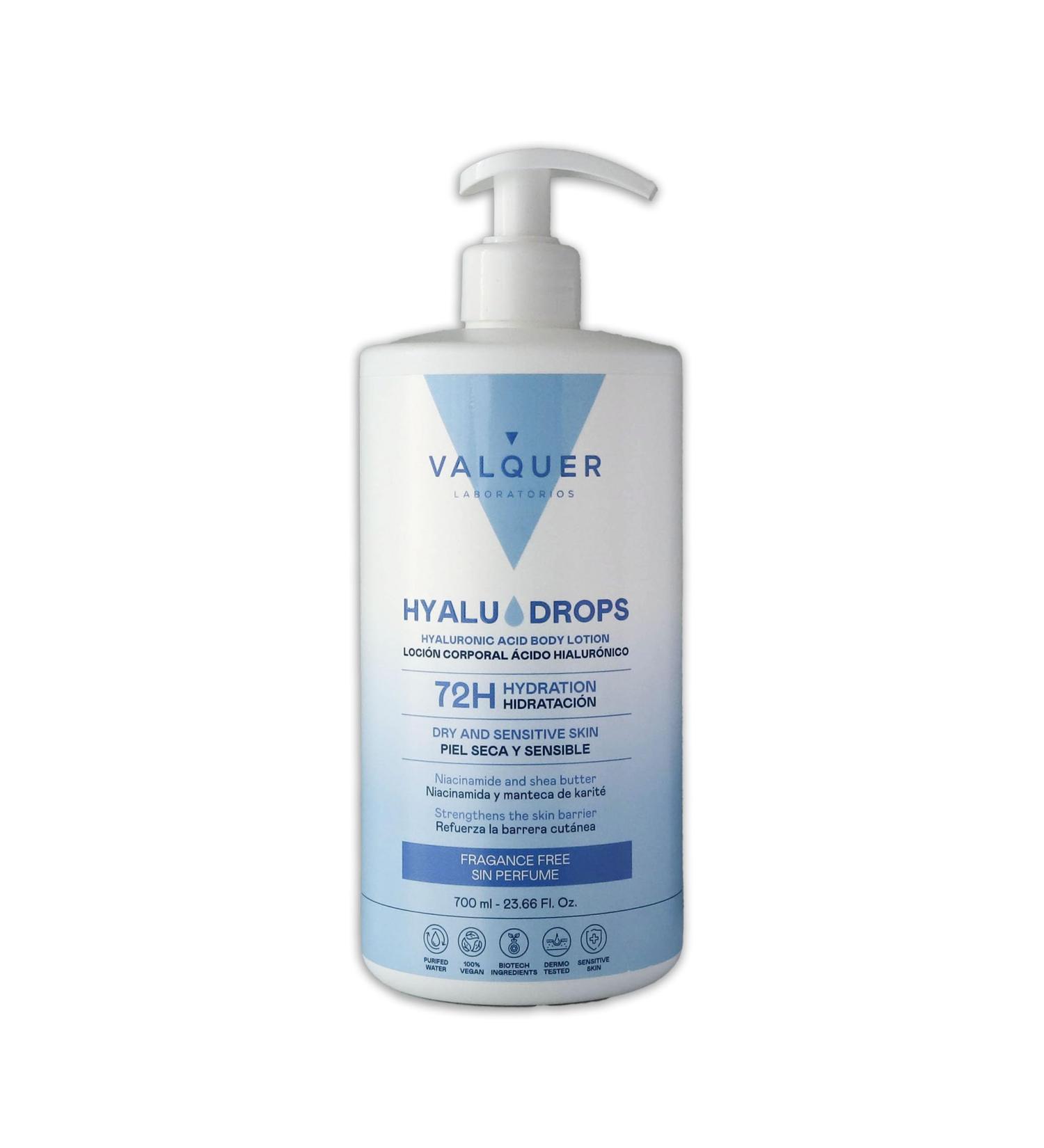  Valquer Laboratorios Valquer Hyaludrops Unscented Body Moisturiser Lotion for Dry and Sensitive Skin Up to 72 Hours of Nourishing Hydration with Hyaluronic Acid Niacinamide. 700 ml. - Buy Online on GoSupps.com