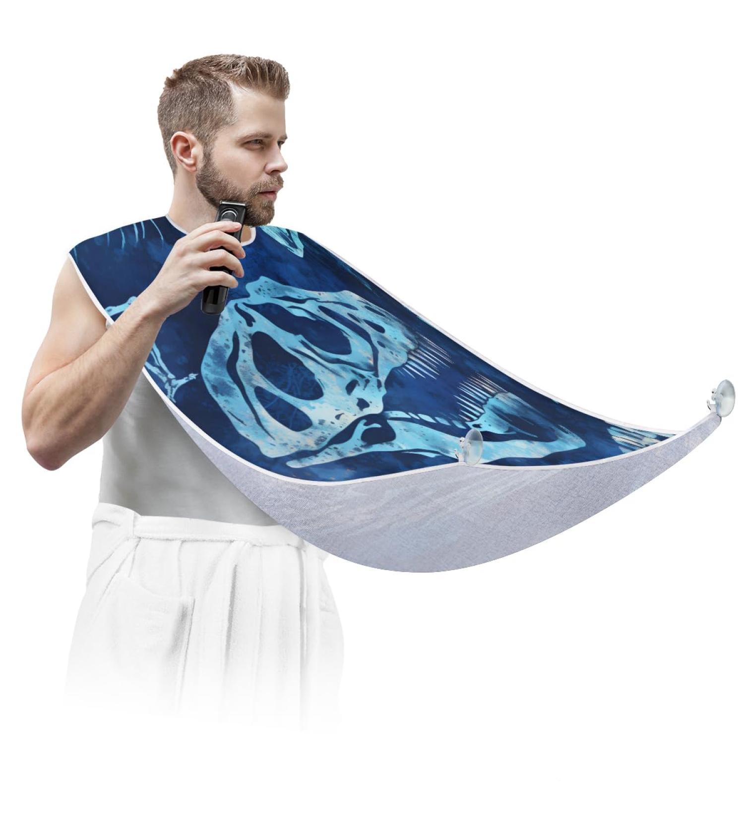 Blue Dinosaur Skull Beard Bib Apron | Men's Beard Hair Catcher | Perfect Father's Day & Christmas Gift for Dad | 2 Suction Cups for Easy Use - Buy Online on GoSupps.com