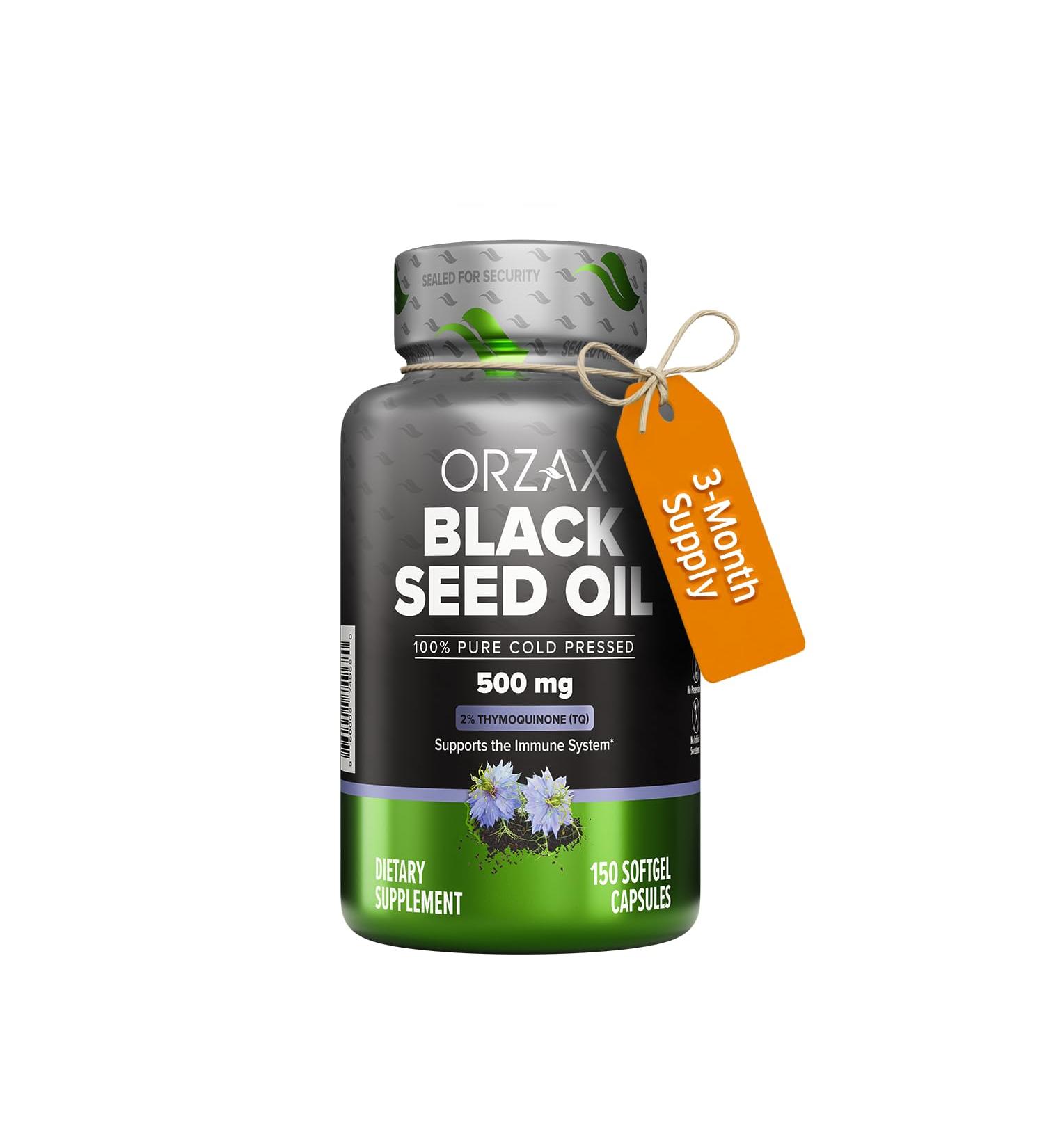 ORZAX Black Seed Oil Cold Pressed 100% Pure | Non-GMO Rich in Omega 3 6 9 & Thymoquinone | Black Cumin Nigella Sativa Oil for Immune Support, Hair, Skin, Face (150 Softgel Capsules) - Buy Online on GoSupps.com