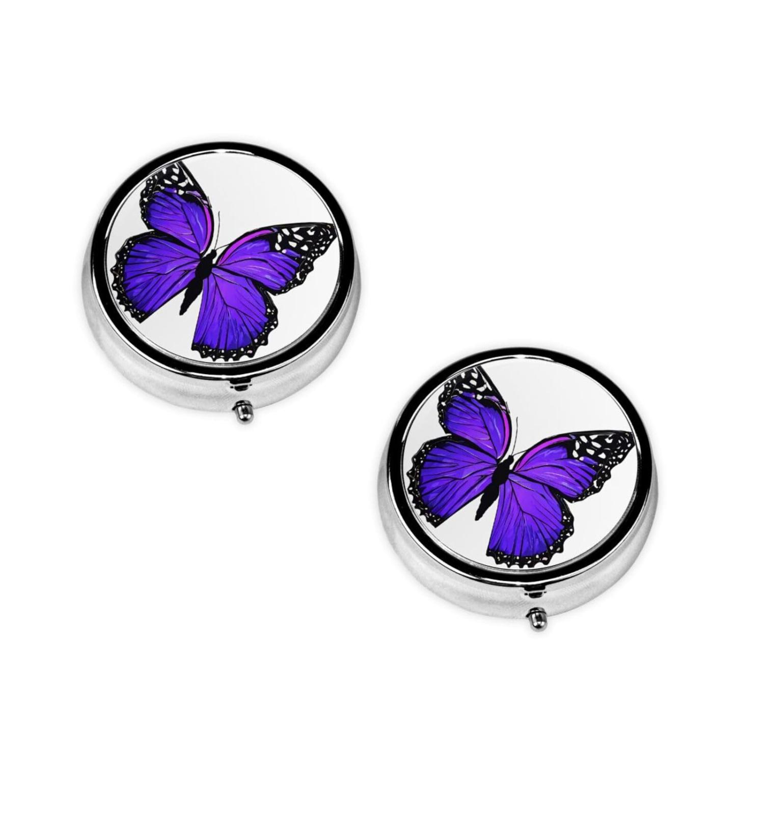 Purple Butterflies Mini Round Pill Box | 3 Compartment Travel Pill Organizer | Portable Medicine Case for Home & Office - Buy Online on GoSupps.com