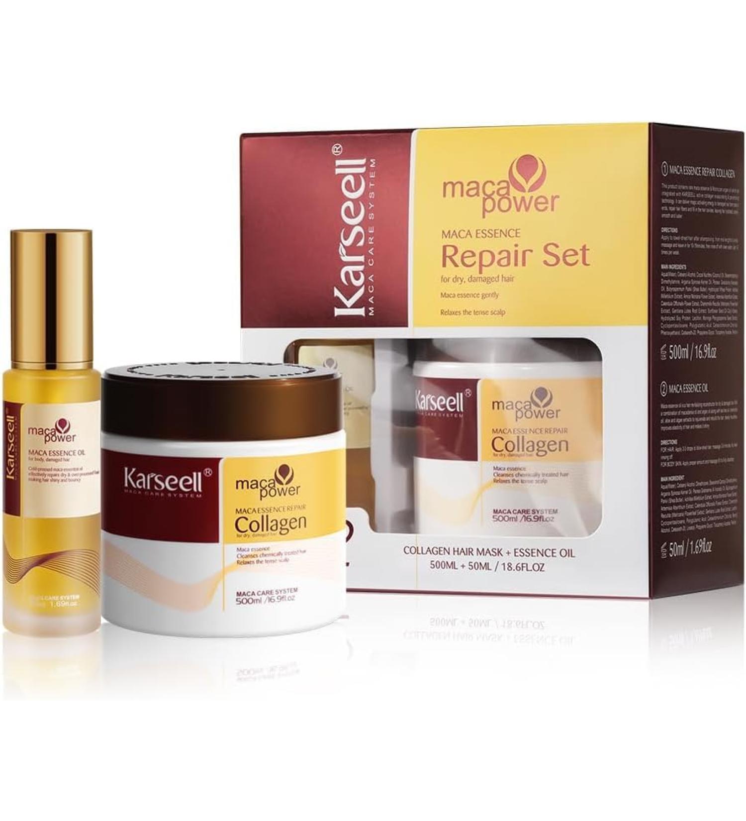 Karseell Collagen Masque Cheveux et Huile Cheveux Maca Essence Set de R paration pour Cheveux Secs et Abim S Tous Types de Cheveux 500ml +50ml - Buy Online on GoSupps.com