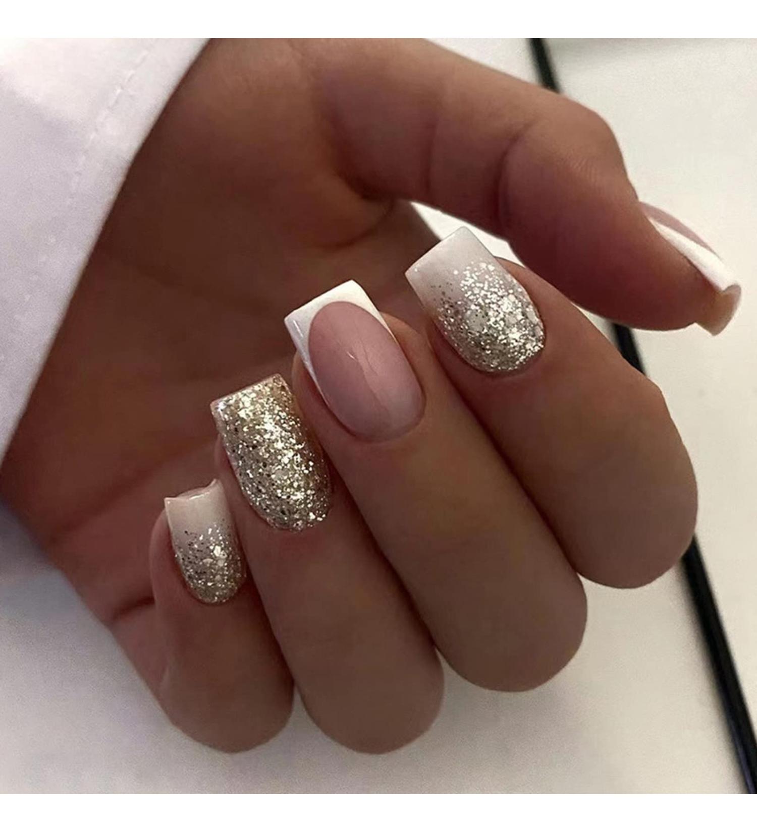 Glitter Acrylic French Tip Press On Nails - Square False Nails with Cute Designs - Medium White Full Cover Stick On Nails for Women - Manicure Decoration - Style 6 - Buy Online on GoSupps.com
