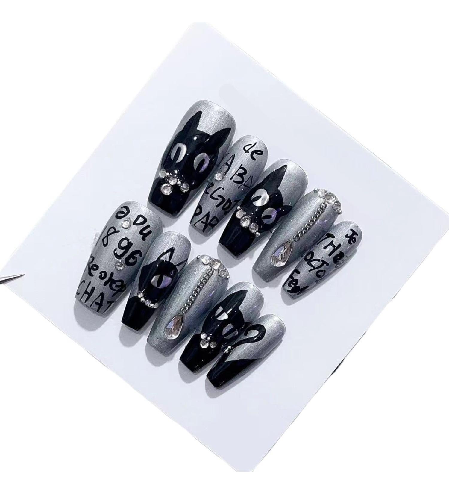 Handmade Cat Eye Black Hand Painted Cat Wearing Nail Removable Nail Artificial Nail(XS)