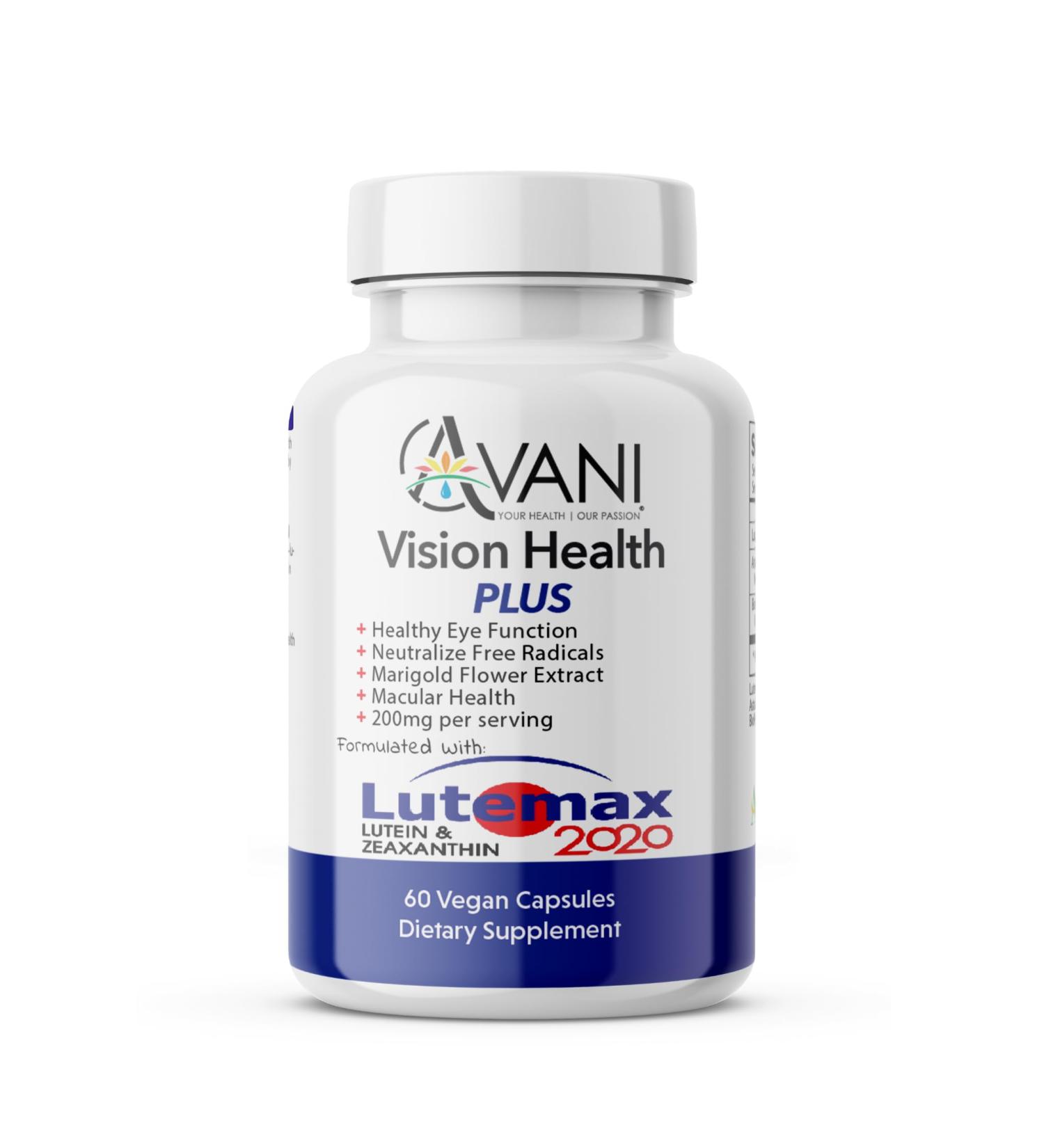 Avani Vision Health Plus Eye Health Made with Lutemax 2020 20mg Lutein 4mg Zeaxanthin - Buy Online on GoSupps.com