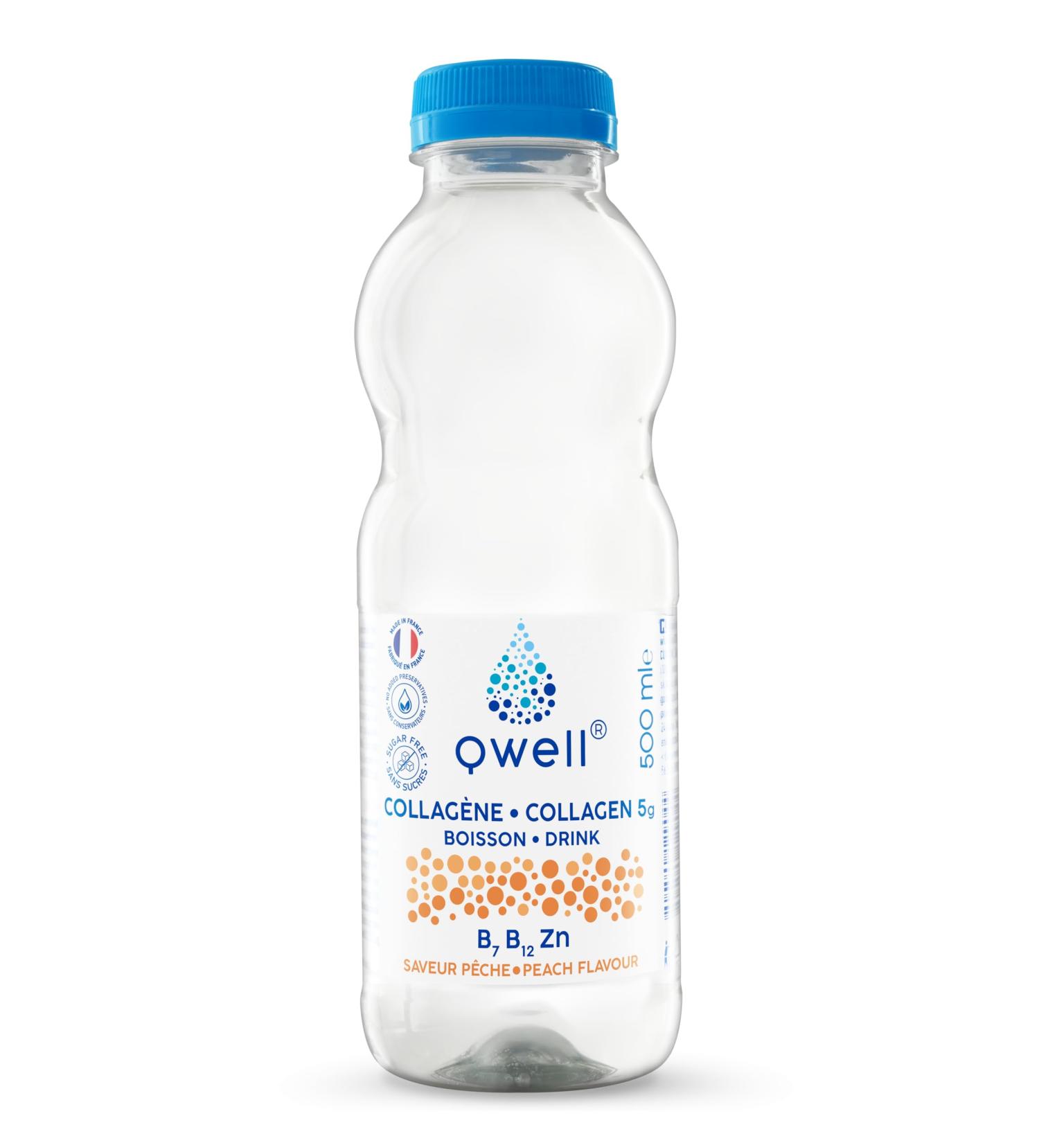QWELL - Collagen Water - Collagen Drink - Beauty and Wellness - Peach Taste - 100% Natural - 12x500 ml - Buy Online on GoSupps.com