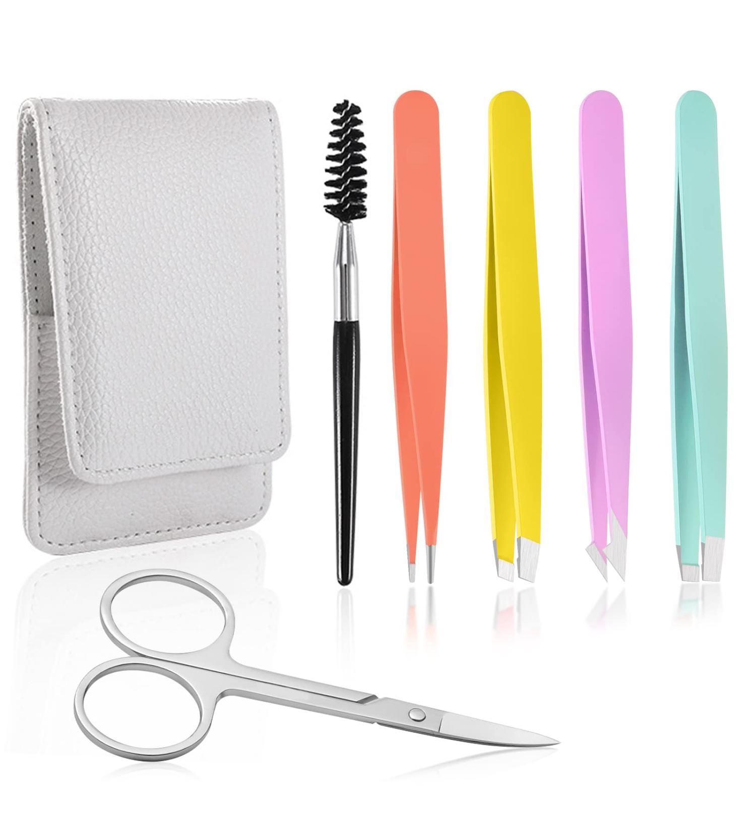 6 Pc Eyebrow Tweezer Set for Women - Professional Slant Tip Tweezers with Curved Scissors for Ingrown Hair - Buy Online on GoSupps.com