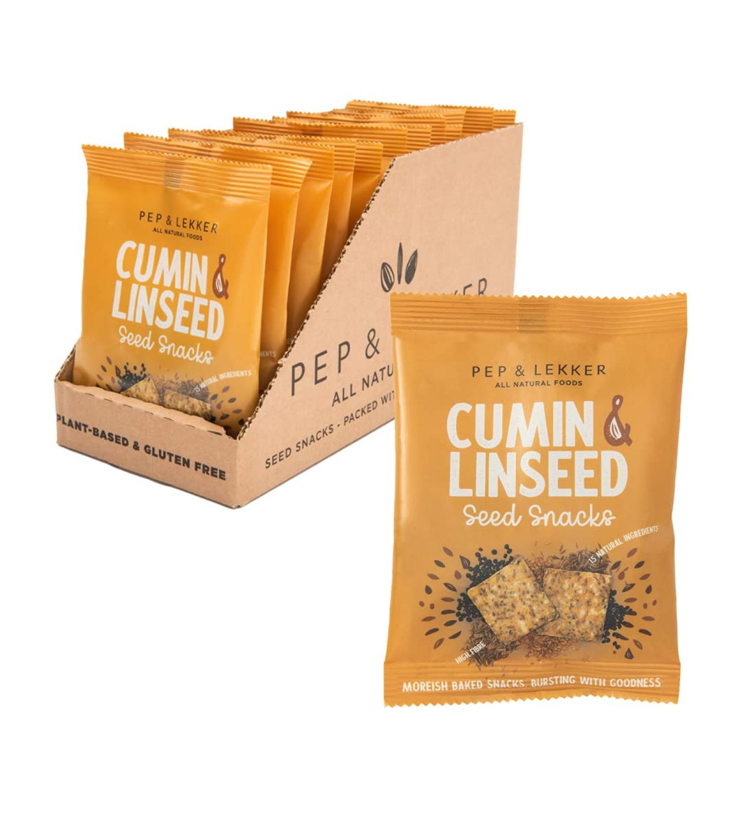 Healthy Snacks by Pep & Lekker - Baked Seed Snacks - Cumin & Linseed (12 x 30g) - Plant-Based Snacks - No Added Sugar - High Fibre - Vegan - Buy Online on GoSupps.com