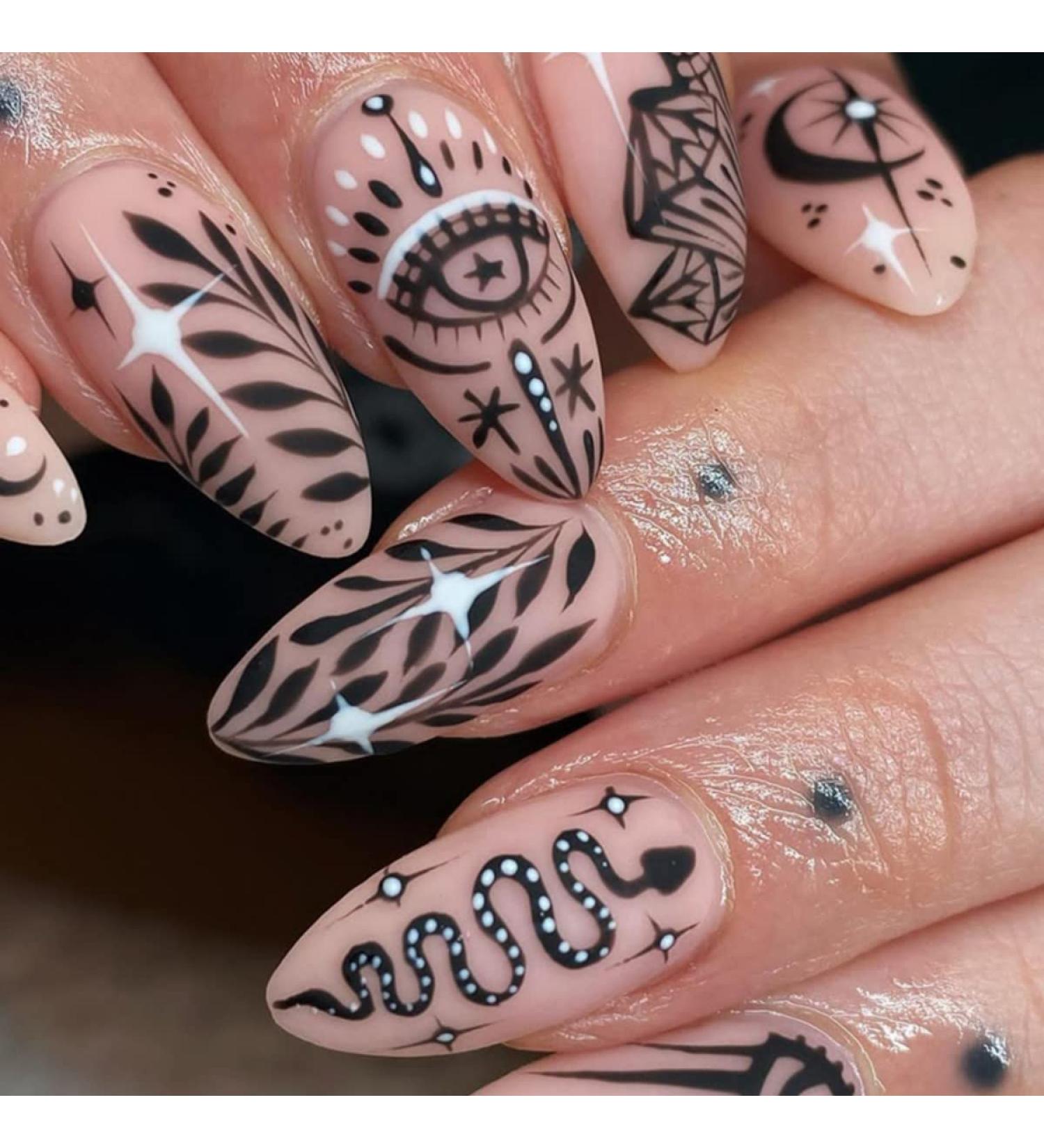 Justotry 24 Pcs Snake and Star Pattern Black French Press on False Nails - Medium Almond Shape with Nail Glue | Stick on Fake Nails for Women Nail Art - Buy Online on GoSupps.com