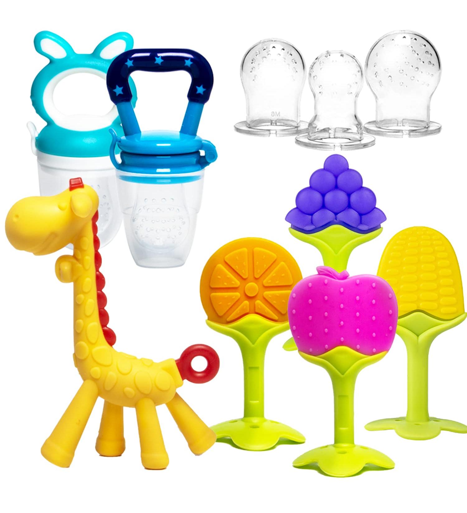 HONGTEYA Teething Toys 6 Pack for Babies 0-12 Months | BPA-Free Silicone Teethers & Fruit Feeders Set (Blue) - Buy Online on GoSupps.com