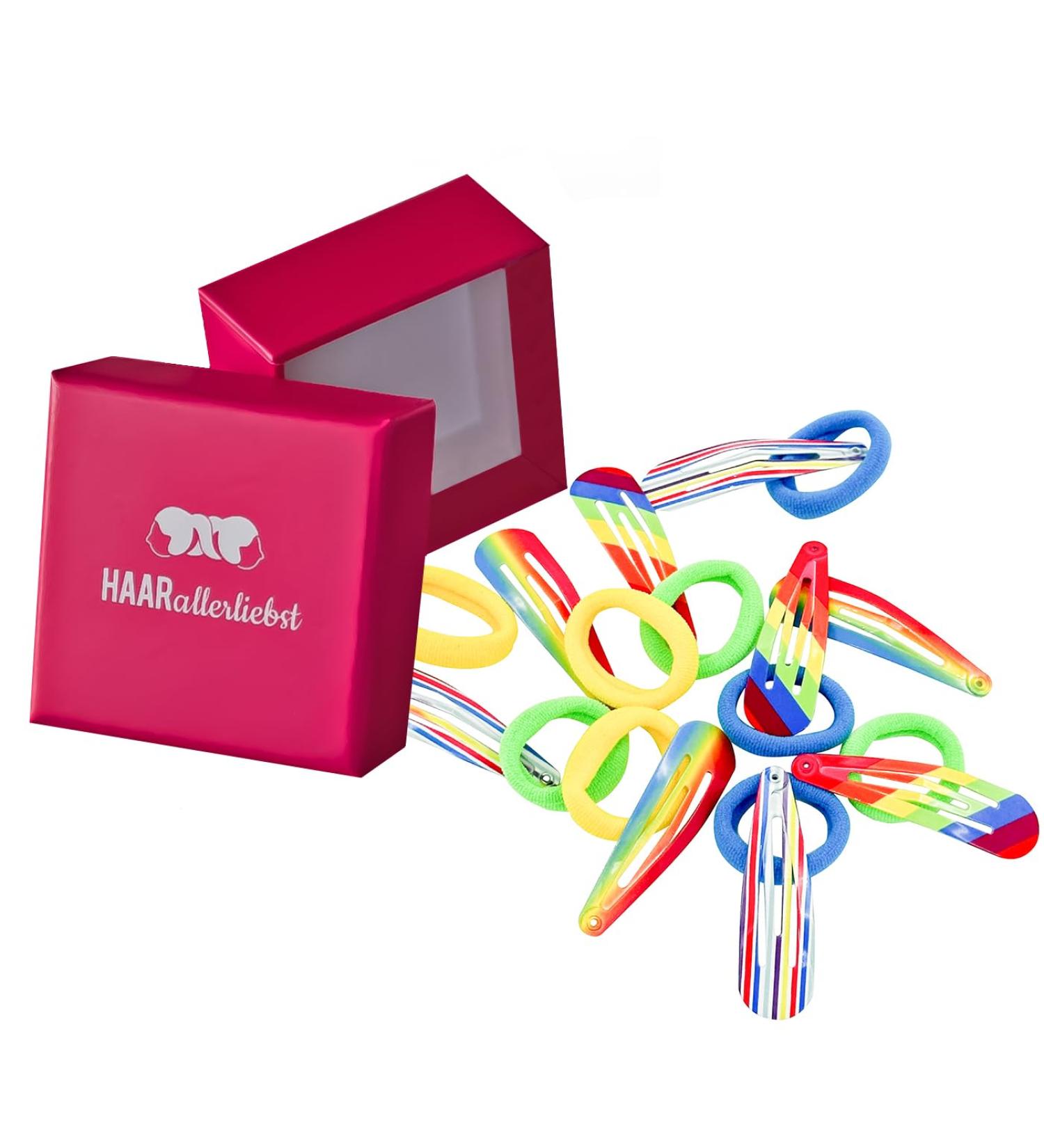 HAARallerliebst Set of 18 Rainbow Hair Clips and Hair Bobbles Girls Women Colourful Hair Clips 50 mm Baby Children Hair Clip Including Box Hair Clip Hair Accessories Hair Scrunchie - Buy Online on GoSupps.com