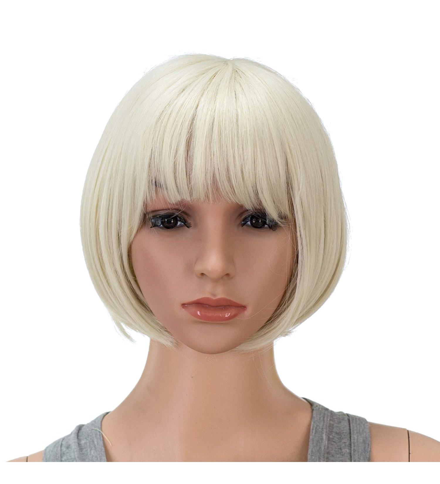 SWACC 10 Inch Short Straight Bob Wig with Bangs - Platinum Blonde | Synthetic Colorful Cosplay Party Wig for Women and Kids with Wig Cap - Buy Online on GoSupps.com