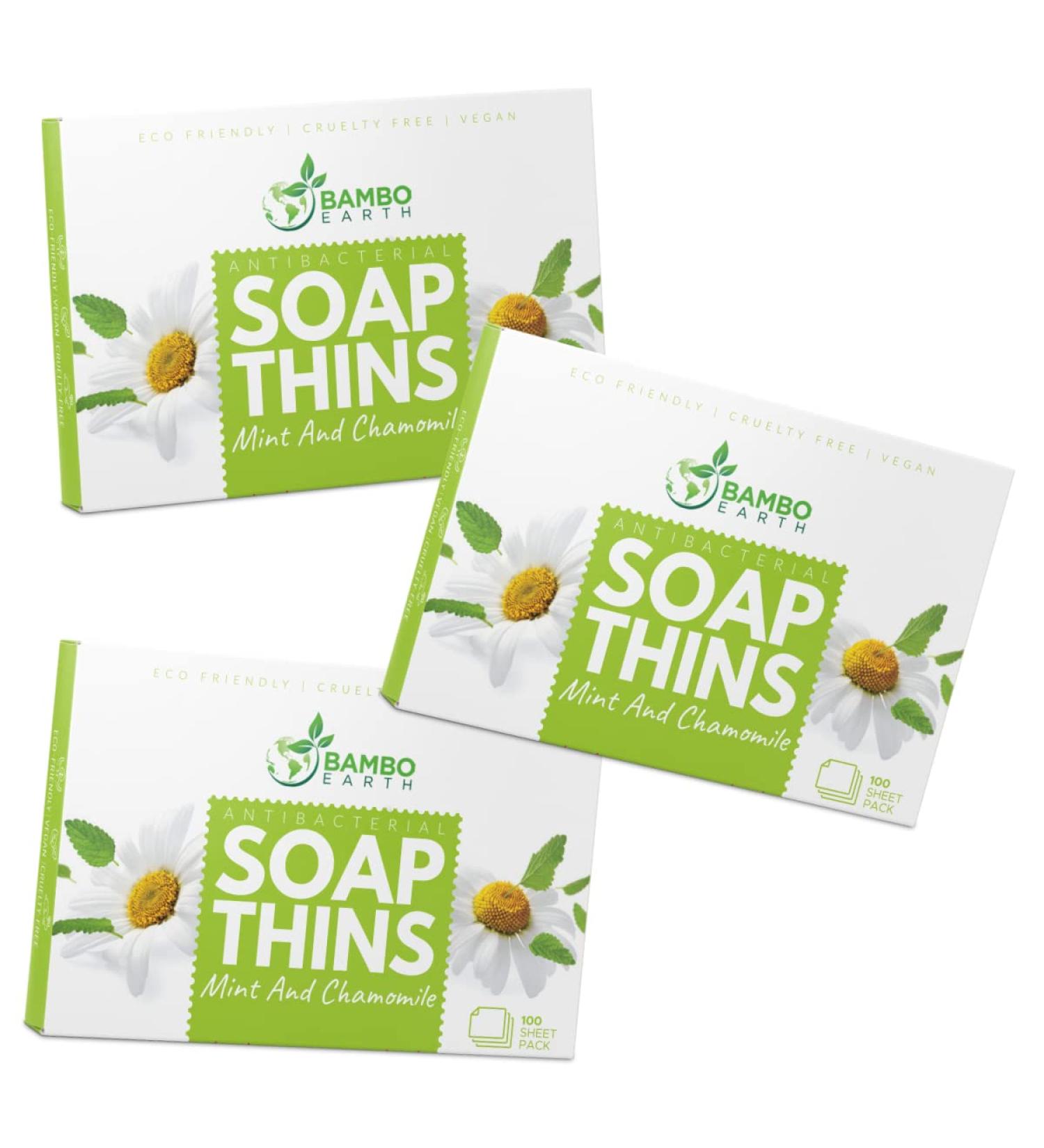 BAMBOEARTH Antibacterial Paper Soap Sheets - 3 Packs Portable Disinfecting Hand Wash Strips | Dissolvable & Disposable Travel Soap Sheets - Mint & Chamomile Scent - Buy Online on GoSupps.com