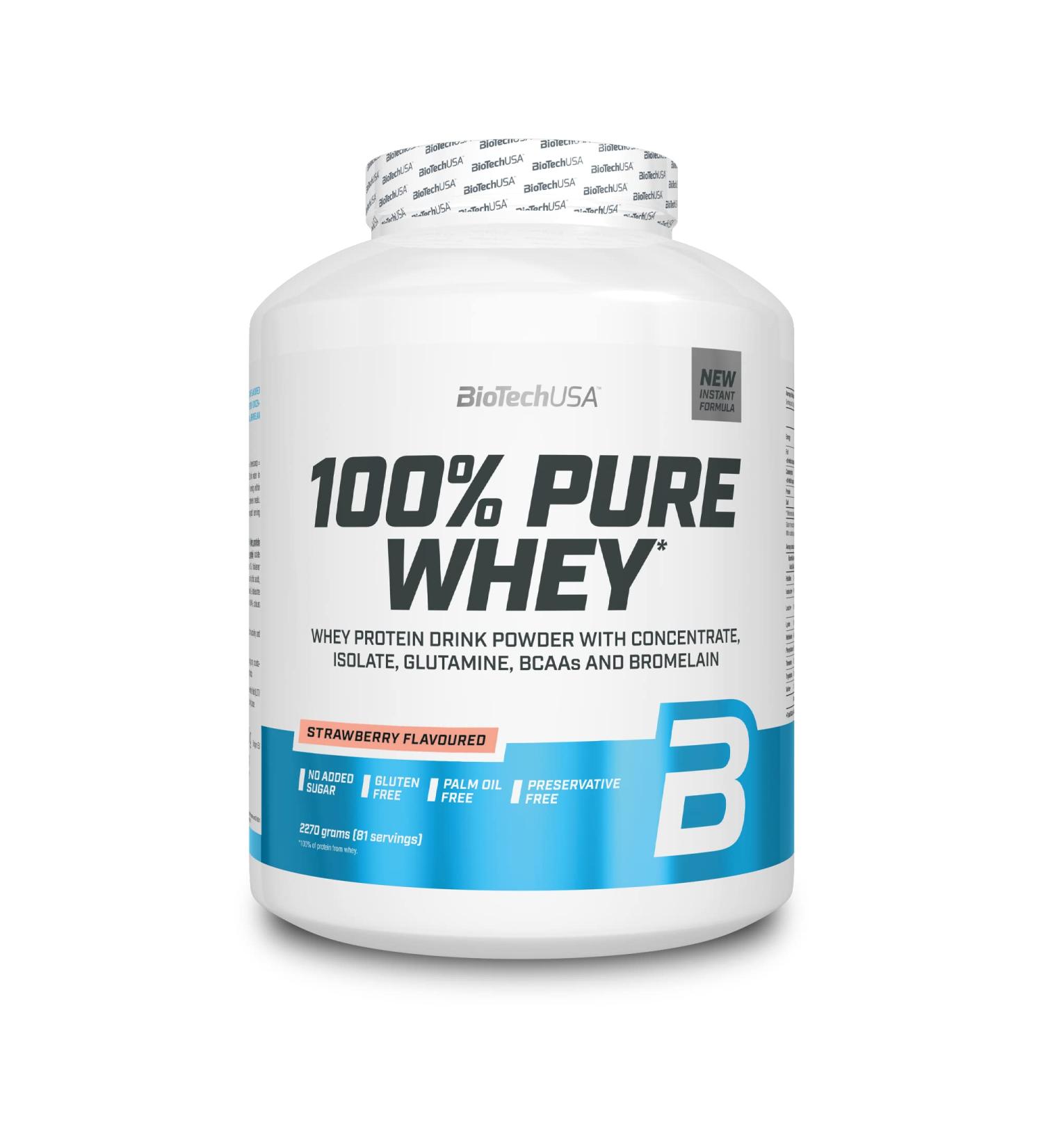 BiotechUSA 100% Pure Whey Protein Powder - 21g Protein BCAA & Glutamine Gluten-Free Palm Oil-Free Strawberry Flavor 2.27kg - Buy Online on GoSupps.com