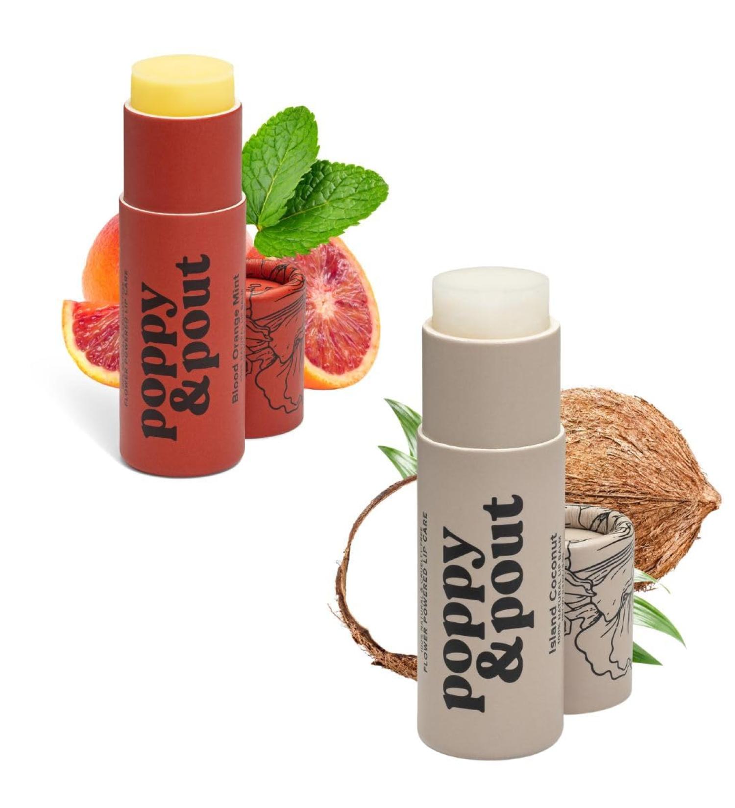 Poppy & Pout Jumbo Lip Balm 2 Pack All Natural Lip Balms & Moisturizers Hydrates with Beeswax Vitamin E Organic Coconut Island Coconut & Blood Orange - Buy Online on GoSupps.com