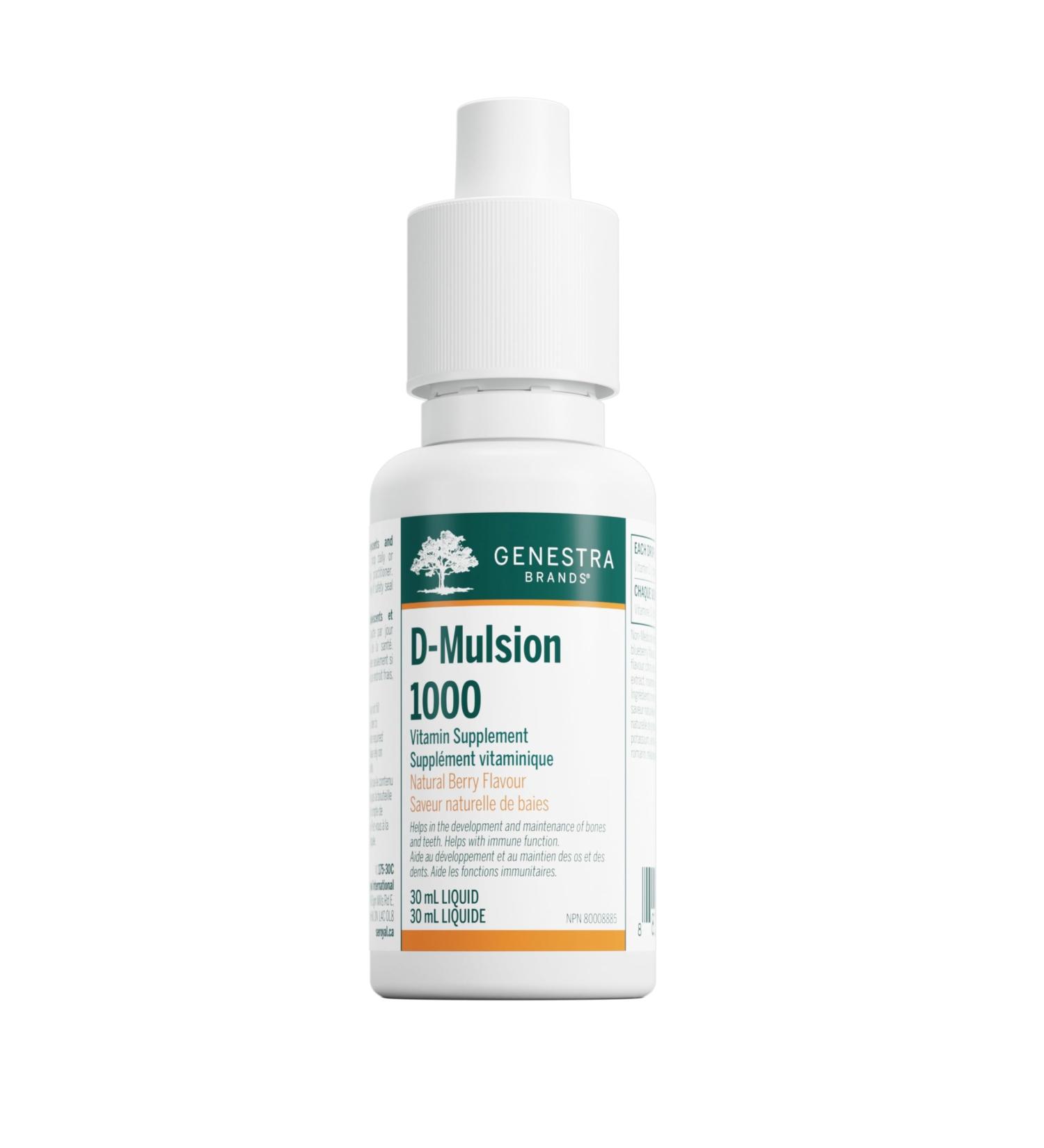 Genestra Brands D-Mulsion 1000 IU - Liquid Vitamin D3 - For Healthy Bones & Teeth - Immune Function Support - Non-GMO Gluten Free & Dairy Free - 30 mL - Natural Berry Flavour - Buy Online on GoSupps.com