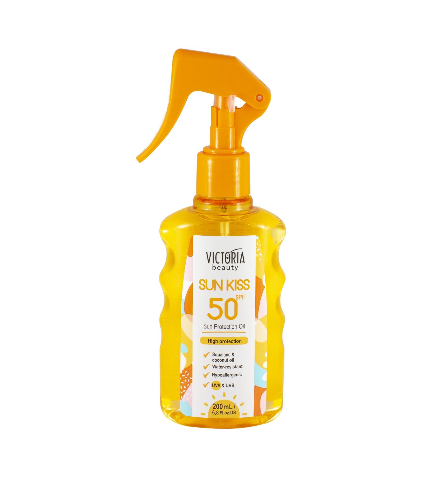 Victoria Beauty Sun Kiss SPF 50 Sun Oil Sunscreen Spray - Water-Resistant Dermatologically-Tested Fast-Absorbing SPF Mist Spray for Face & Body with Squalane Coconut Oil and Sweet Almond Oil 200ml - Buy Online on GoSupps.com