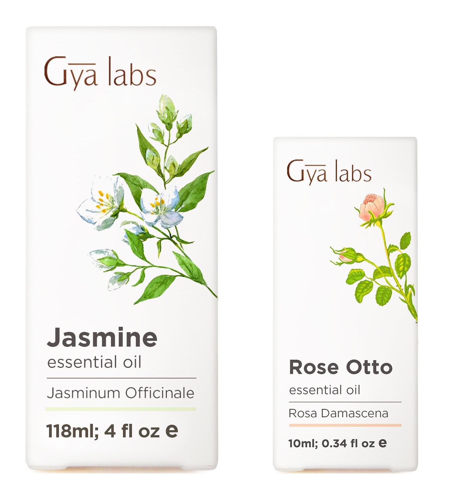 Jasmine Essential Oil for Diffuser (4 Fl Oz) & Rose Essential Oil for Skin (0.34 Fl Oz) - Aromatherapy Grade Essential Oils Set - Gya Labs - Buy Online on GoSupps.com
