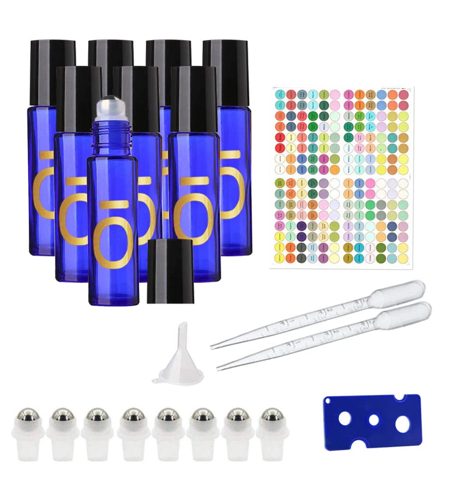 8-Piece 10ml Blue Cobalt Glass Roll-On Bottles - Refillable for Essential Oils Perfumes & Massages - Ideal for Home & Travel - Buy Online on GoSupps.com