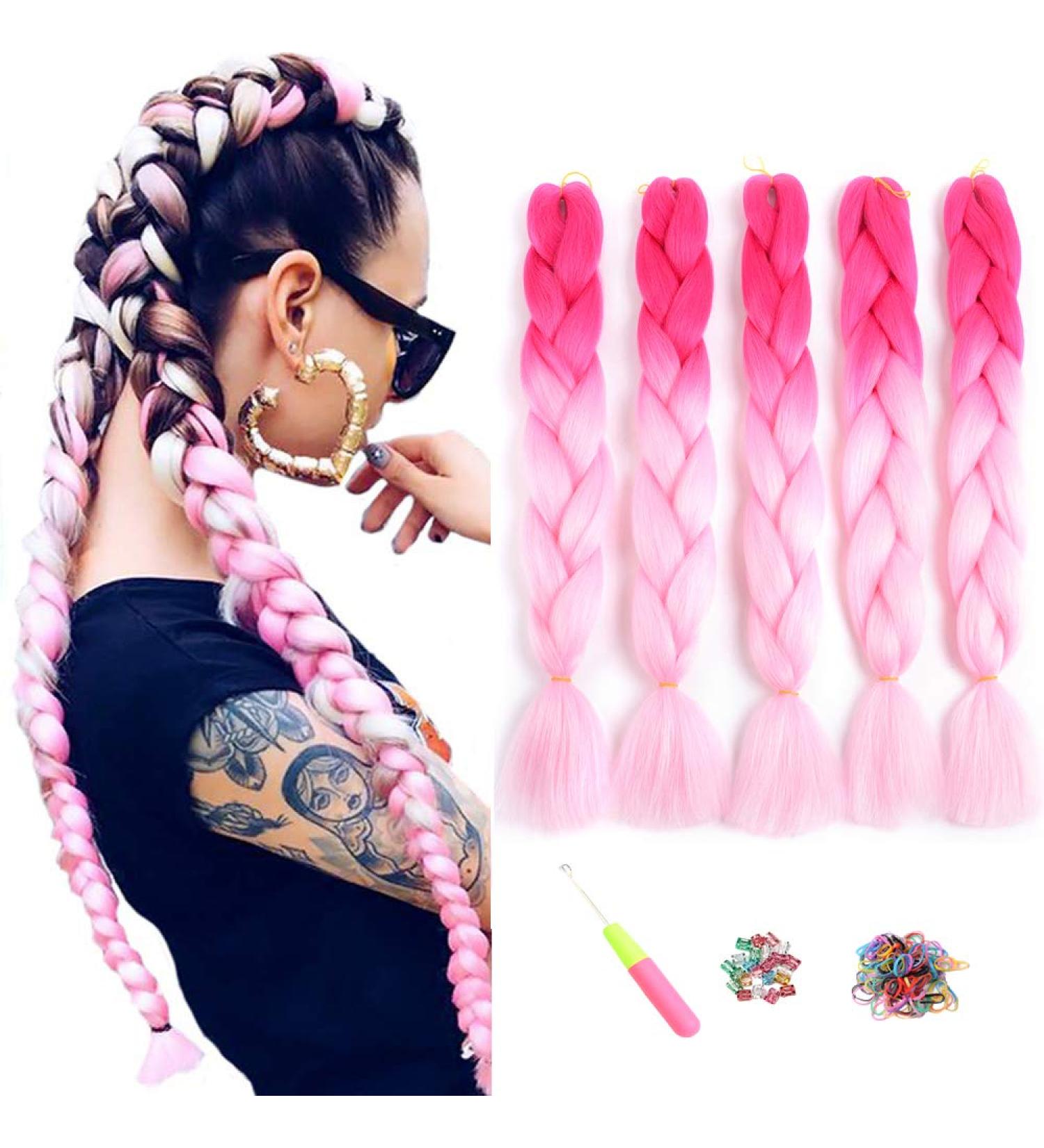 Showjarlly Jumbo Braid Artificial Hair Extensions - 24 Ombre Kanekalon Braid 5 Pack for Crochet Twist Box Braids in Peach/Light Pink - Buy Online on GoSupps.com