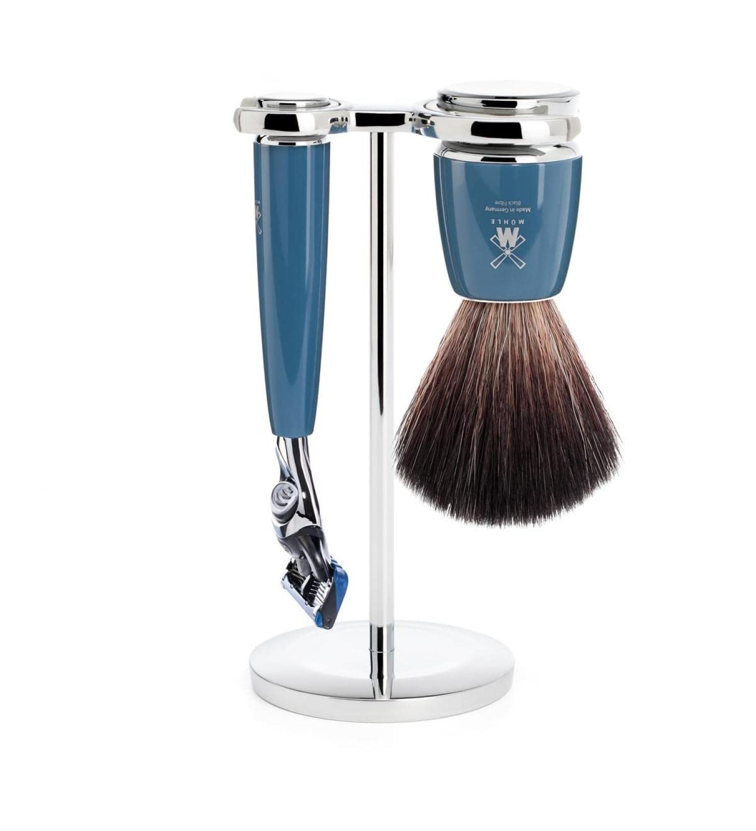 M HLE Rytmo Shaving Set - Gillette-Compatible Razor & Black Fibre Brush with Petrol Precious Resin Handle | Luxury International Shipping - Buy Online on GoSupps.com