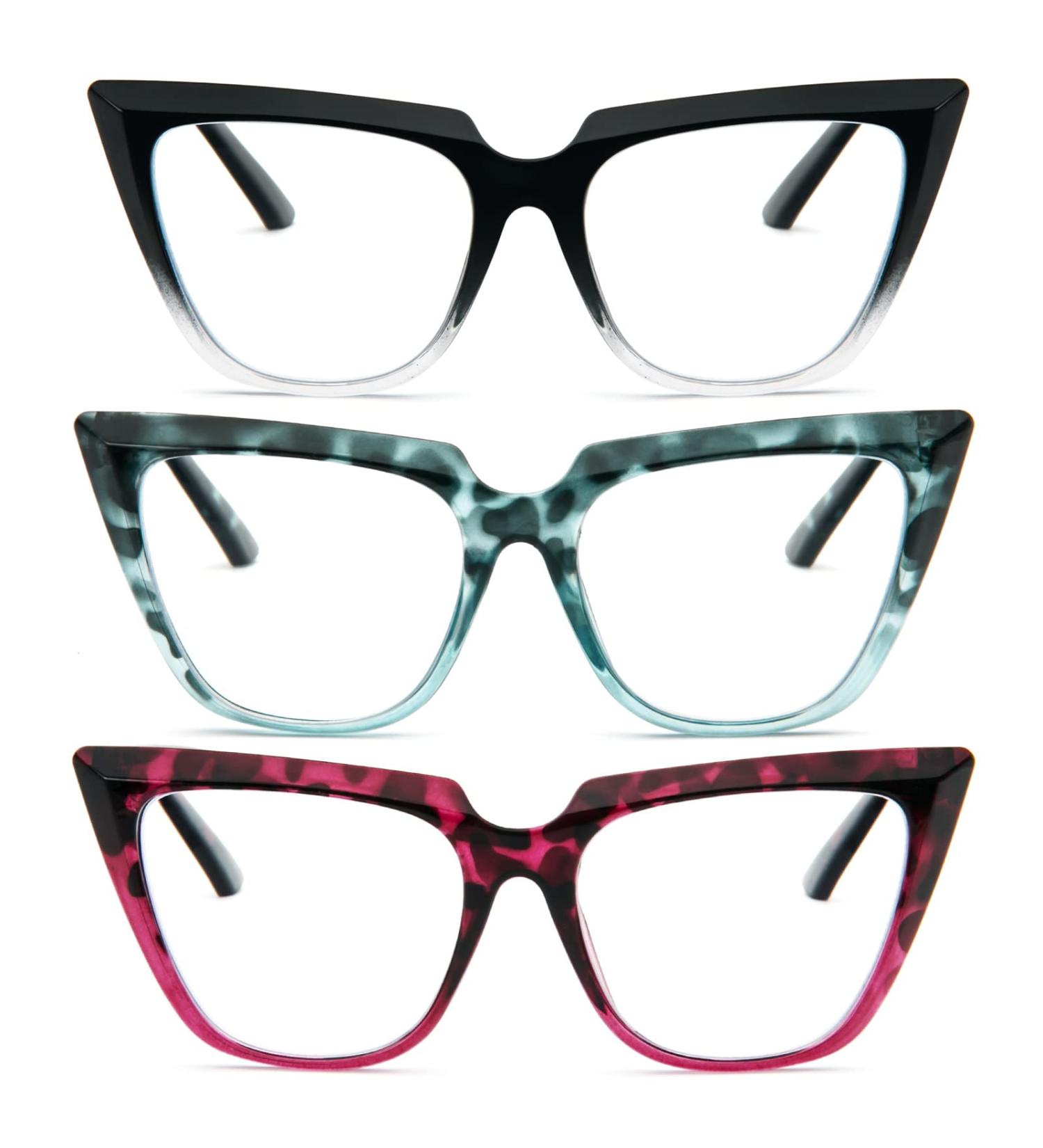 Cat Eye Reading Glasses for Women - Oversized Blue Light Blocking Computer Readers (3 Pack) - Stylish +3.0 - Black Clear/Tortoiseshell Blue/Tortoiseshell Pink - Buy Online on GoSupps.com