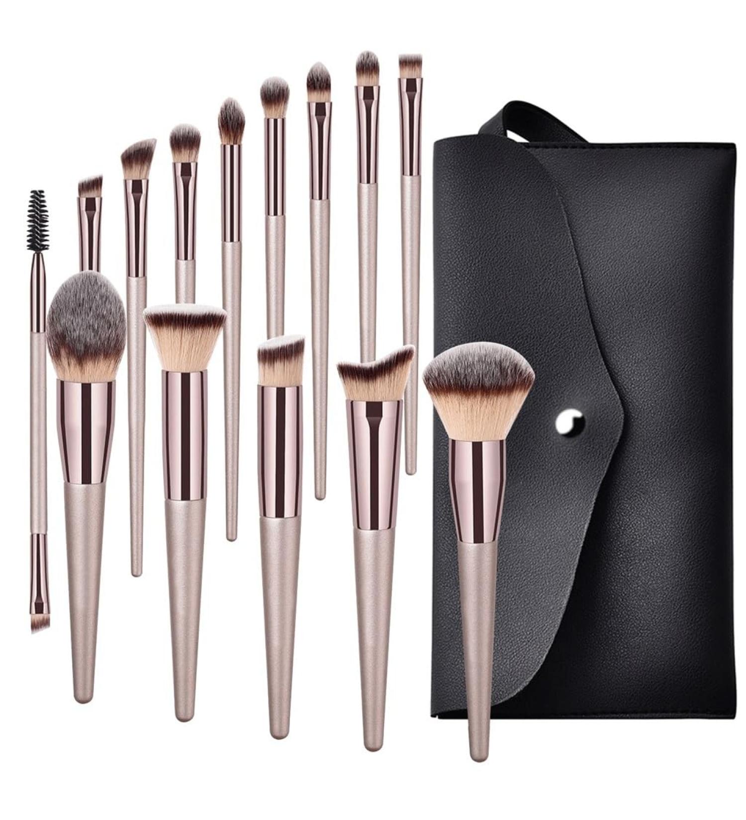 14-Piece Champagne Gold Makeup Brush Set - Premium Wood Handle Beauty Tools for Foundation & Eye Shadow - Buy Online on GoSupps.com
