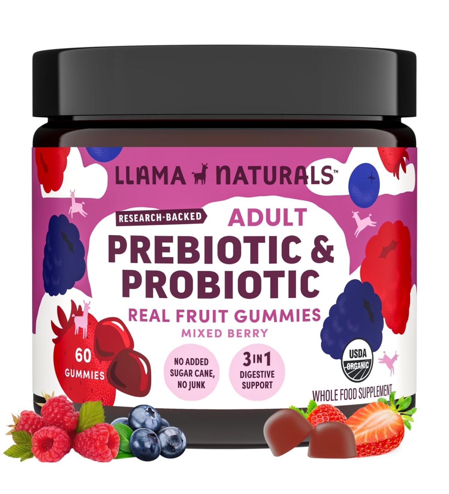 Llama Naturals Probiotics for Women and Men with Prebiotic Fiber Vegan Organic Probiotic Gummies for Gut Health Support Adults Real Fruit Gummy Vitamins No Added Sugar Cane Mixed Berry 60 Ct Adult Mixed Berry 60 Coun  - Buy Online on GoSupps.com