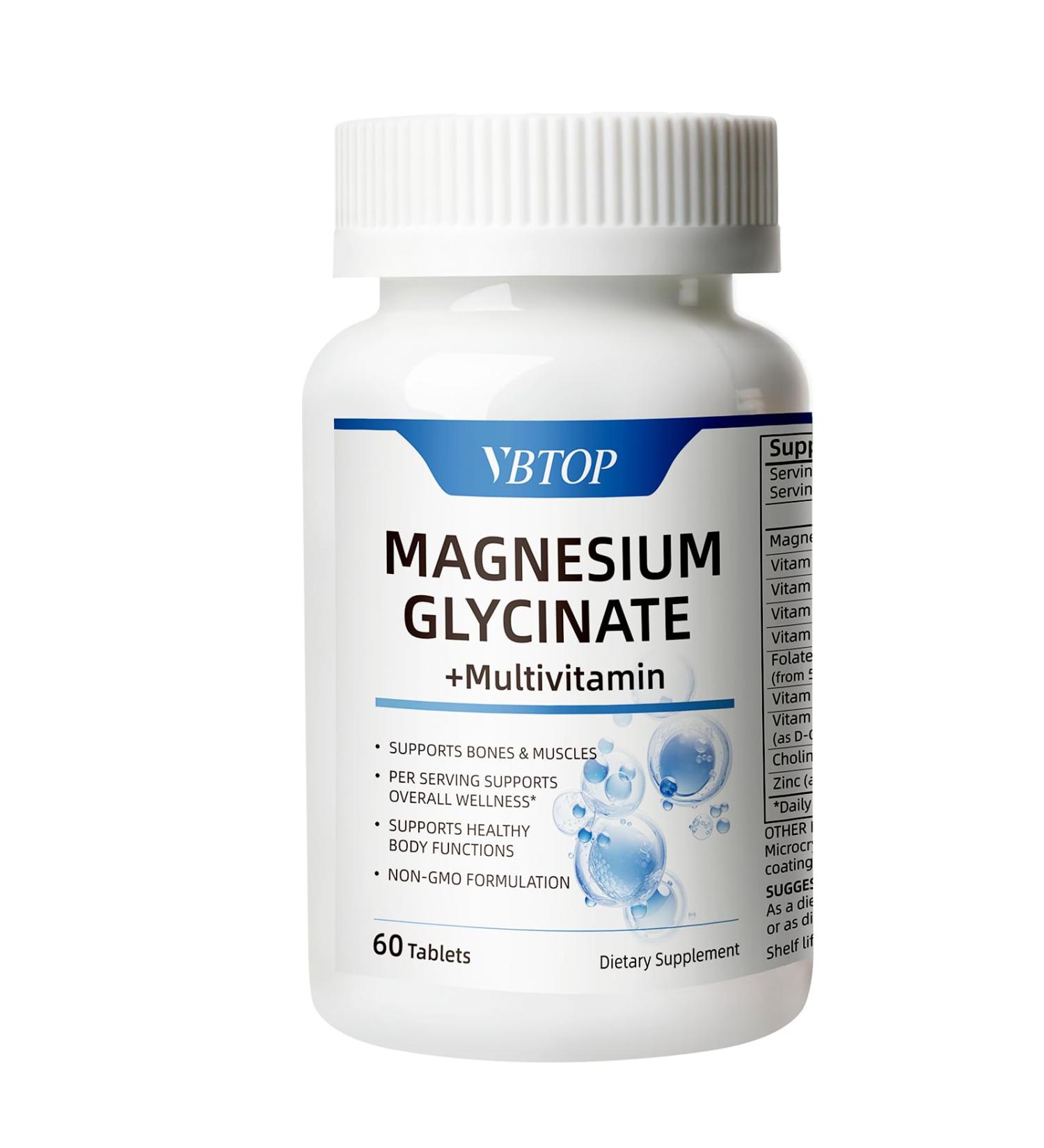 Magnesium Glycinate 125 mg with B-Complex Folate Choline Zinc 10 in 1 multivitamin for Men & Women | Helps Sleep Calmness Supports Nerve Muscle and Bone Health Promotes Metabolism -60 Tablets 1 Bottle - Buy Online on GoSupps.com