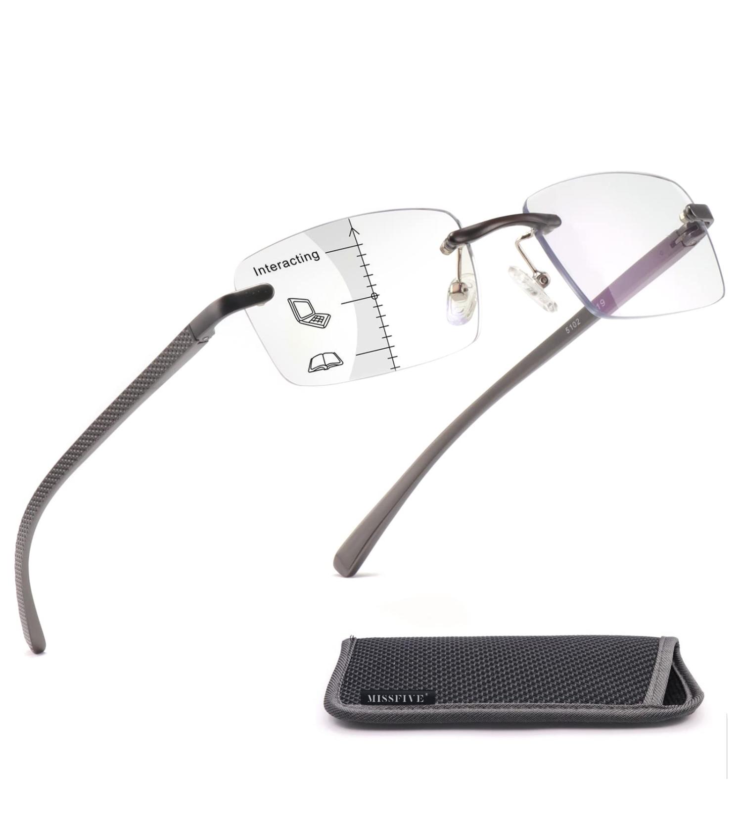 Shop Premium Aluminum Progressive Multifocus Reading Glasses for Men | Blue Light Blocking Rimless Multifocal Metal Readers - 1.25x-2.5x Strength - Buy Online on GoSupps.com