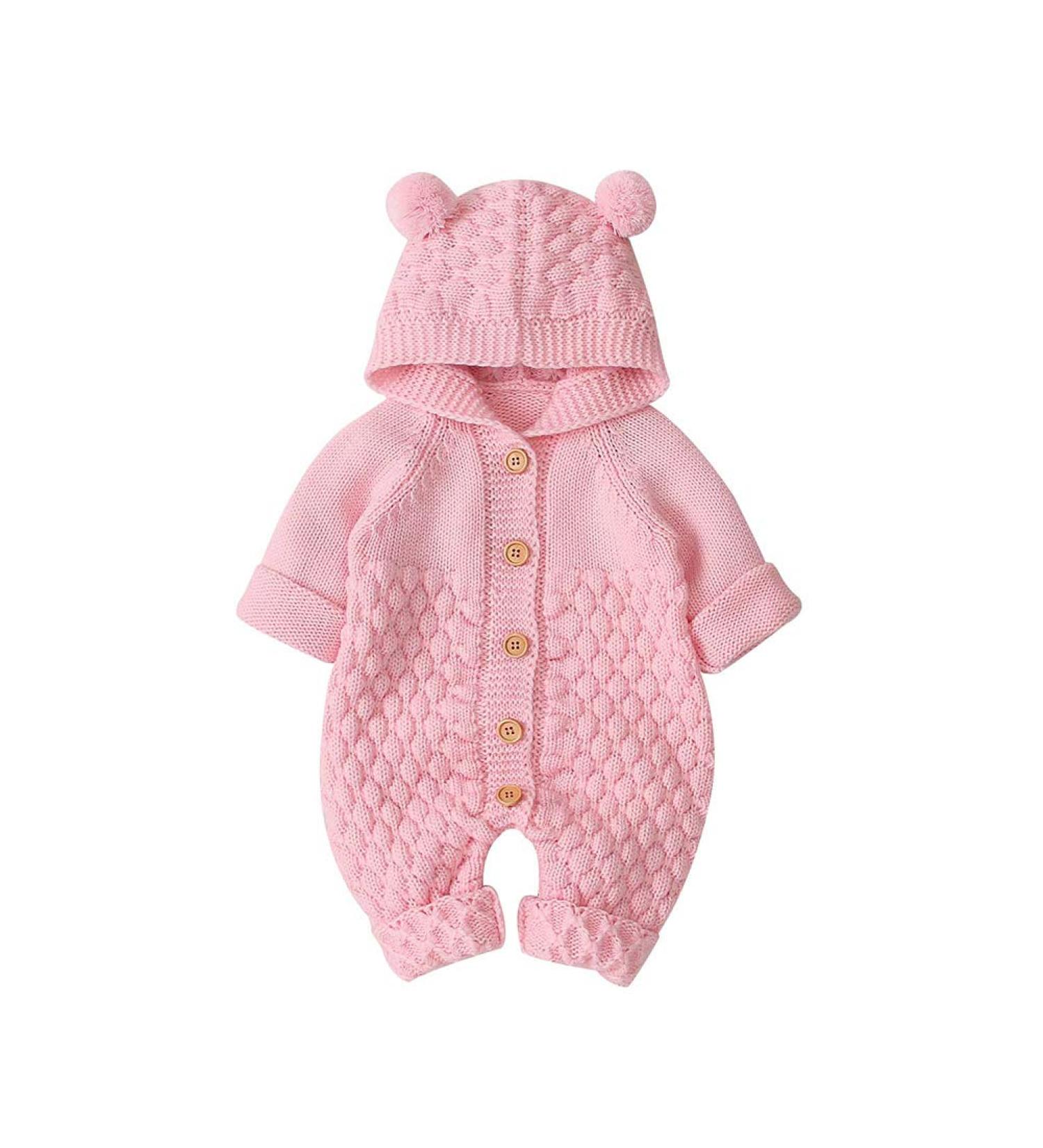 VICROAD Baby Hooded Knitted Romper | Newborn Boys Girls Onesie 12-18 Months | Warm Pink Sweater Jumpsuit - Buy Online on GoSupps.com